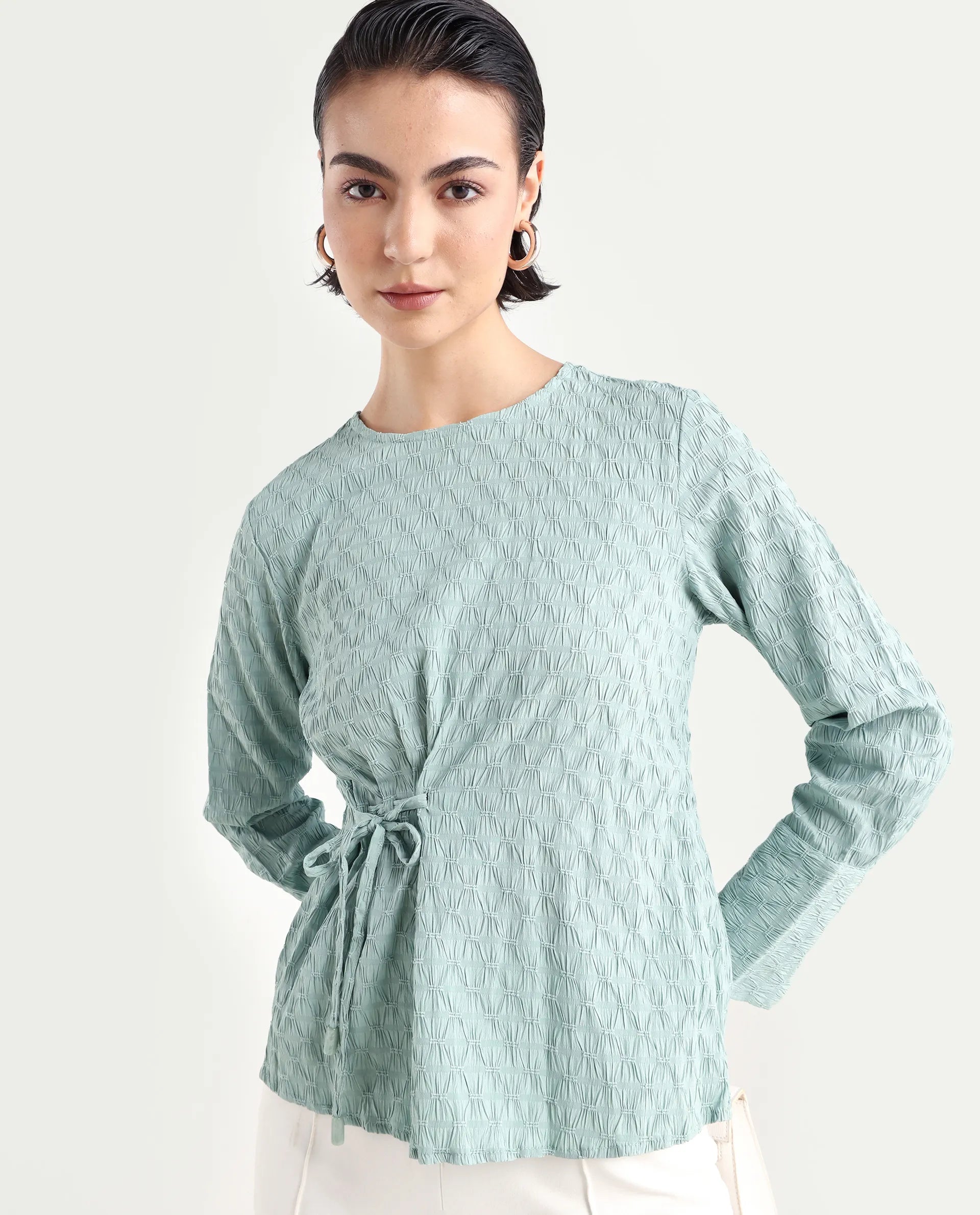 Rareism Women's Kiop Green Polyester Crew Neck Plain Cuffed Sleeve Regular Fit Top