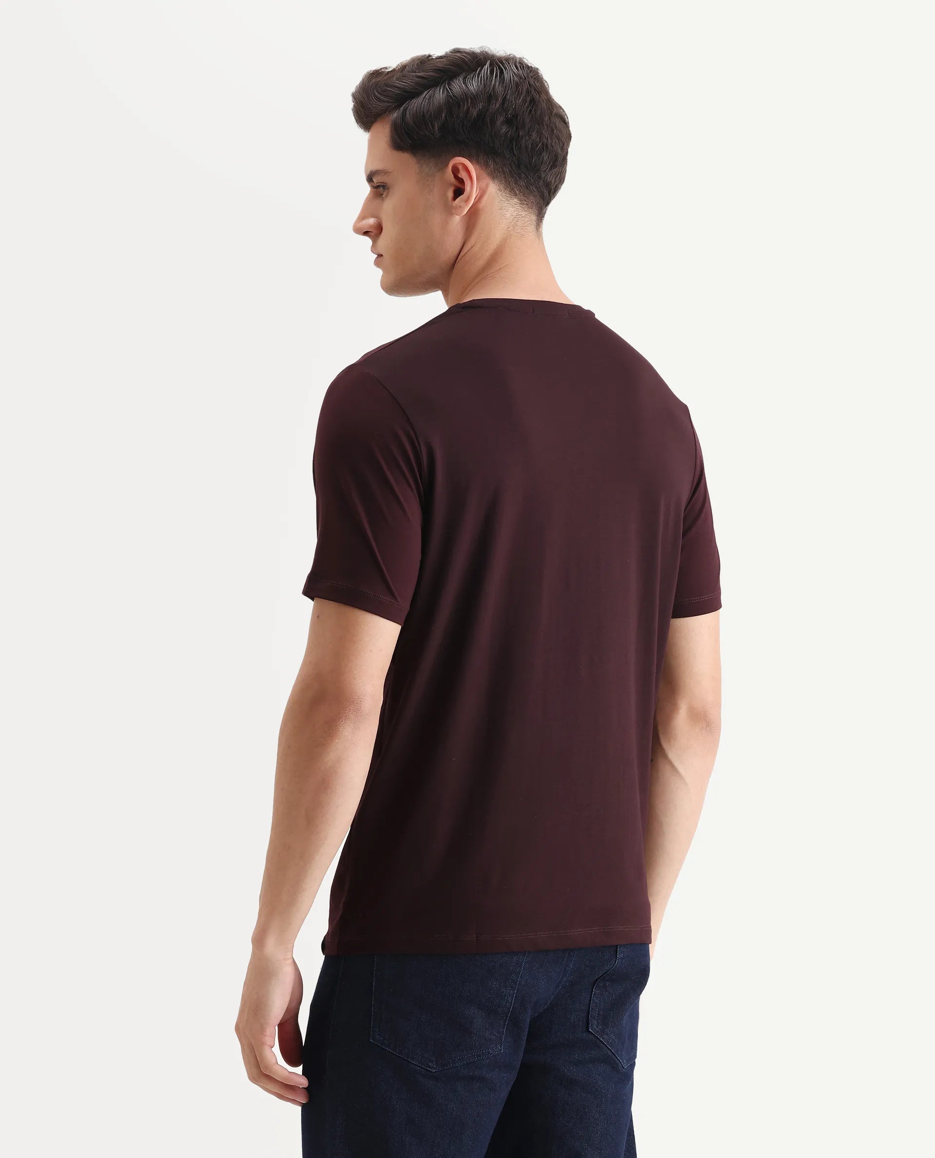 Rare Rabbit Men's Kios Dark Brown Cotton Blend Graphic Print Regular Fit Half Sleeve Crew Neck T-Shirt