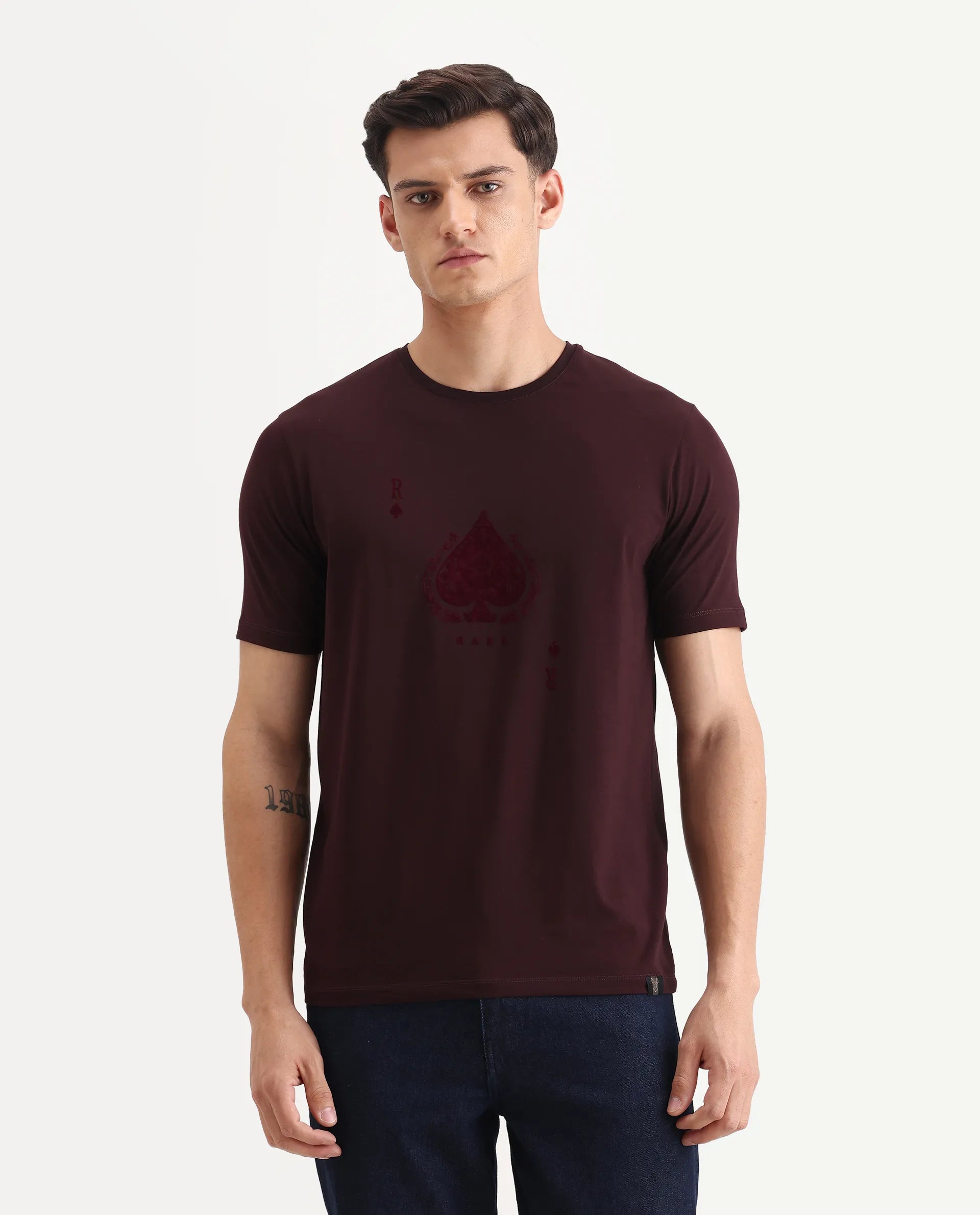 Rare Rabbit Men's Kios Dark Brown Cotton Blend Graphic Print Regular Fit Half Sleeve Crew Neck T-Shirt