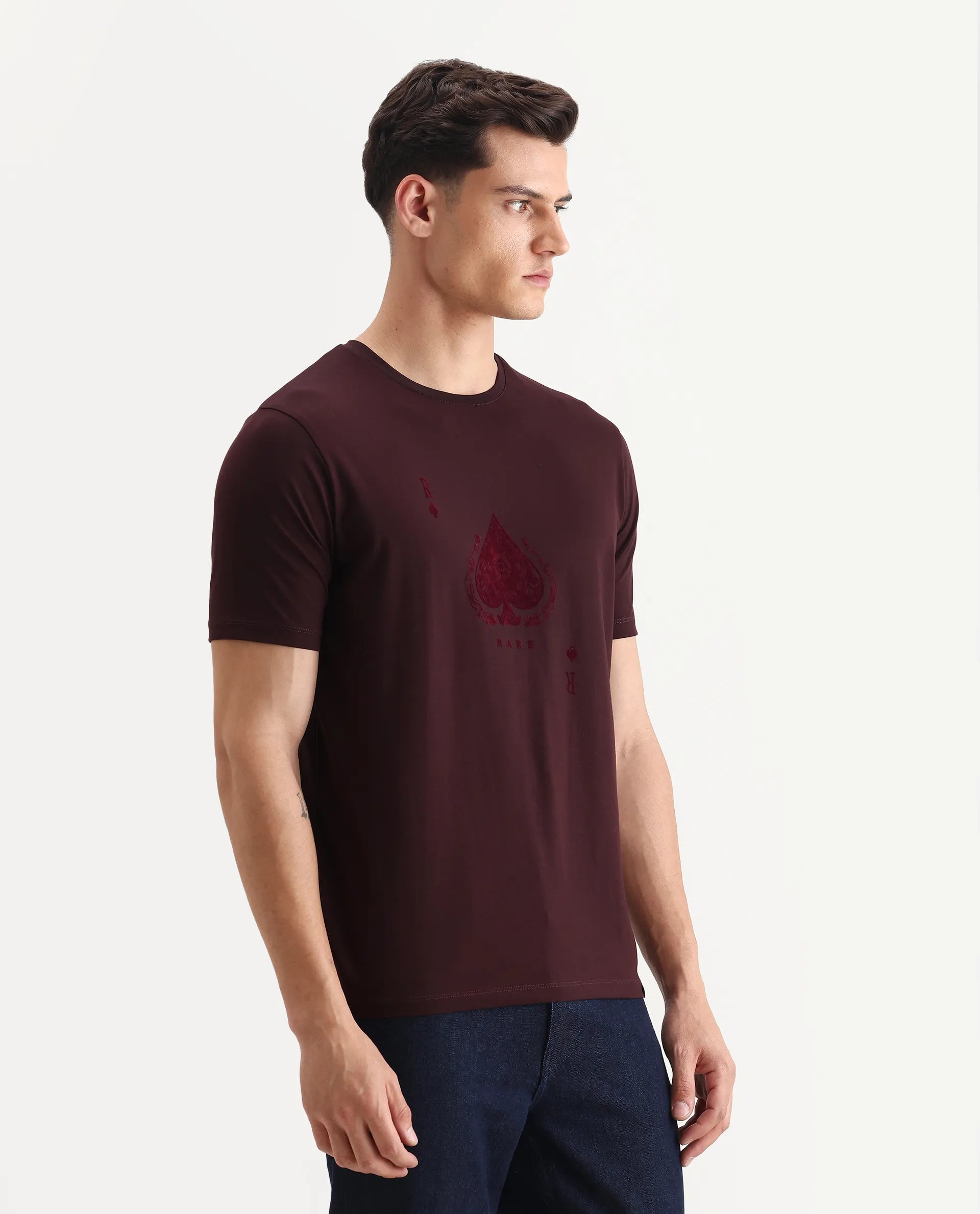 Rare Rabbit Men's Kios Dark Brown Cotton Blend Graphic Print Regular Fit Half Sleeve Crew Neck T-Shirt