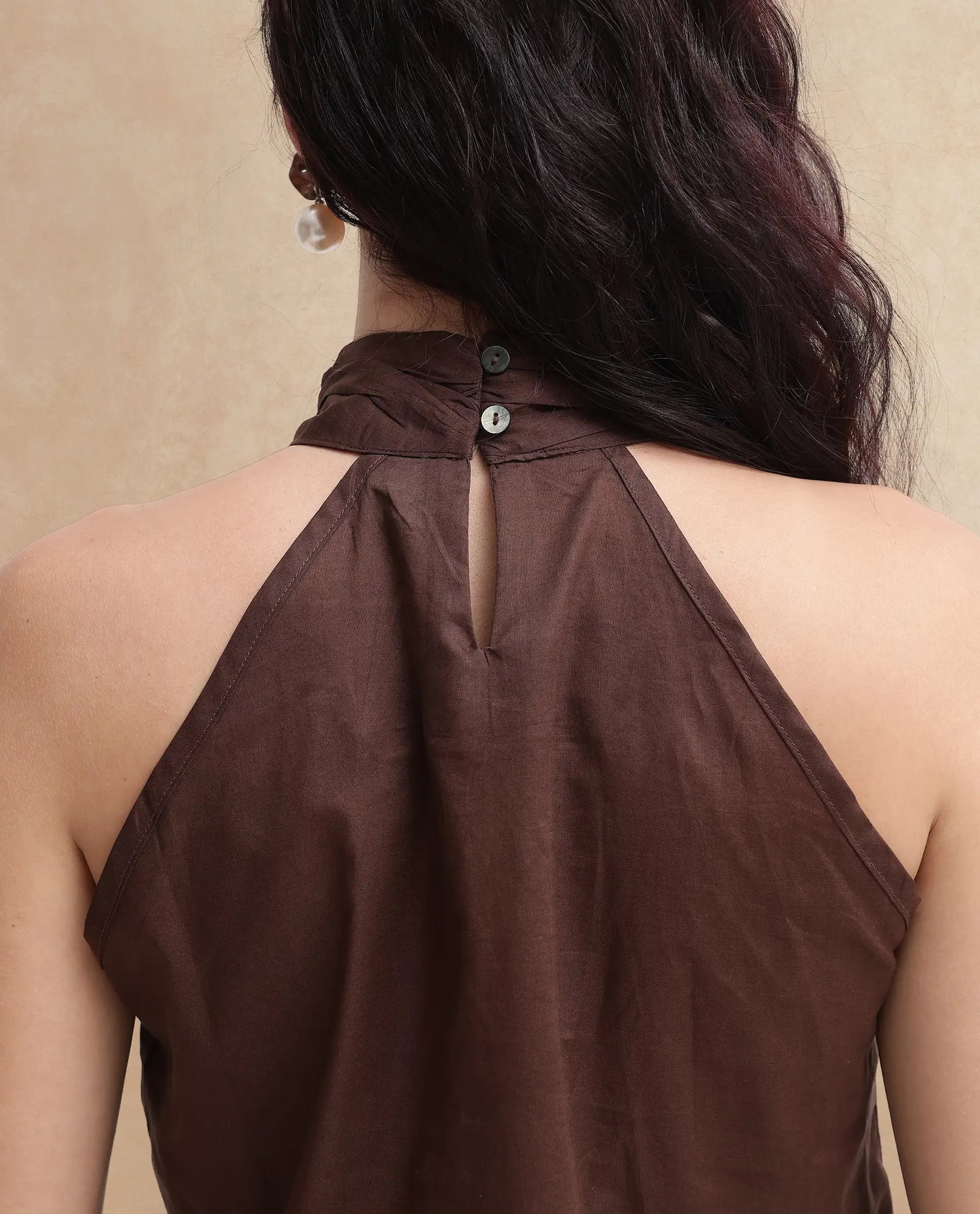 Rareism Women's Kirara Brown Halter Neck Plain Sleeveless Regular Fit Top