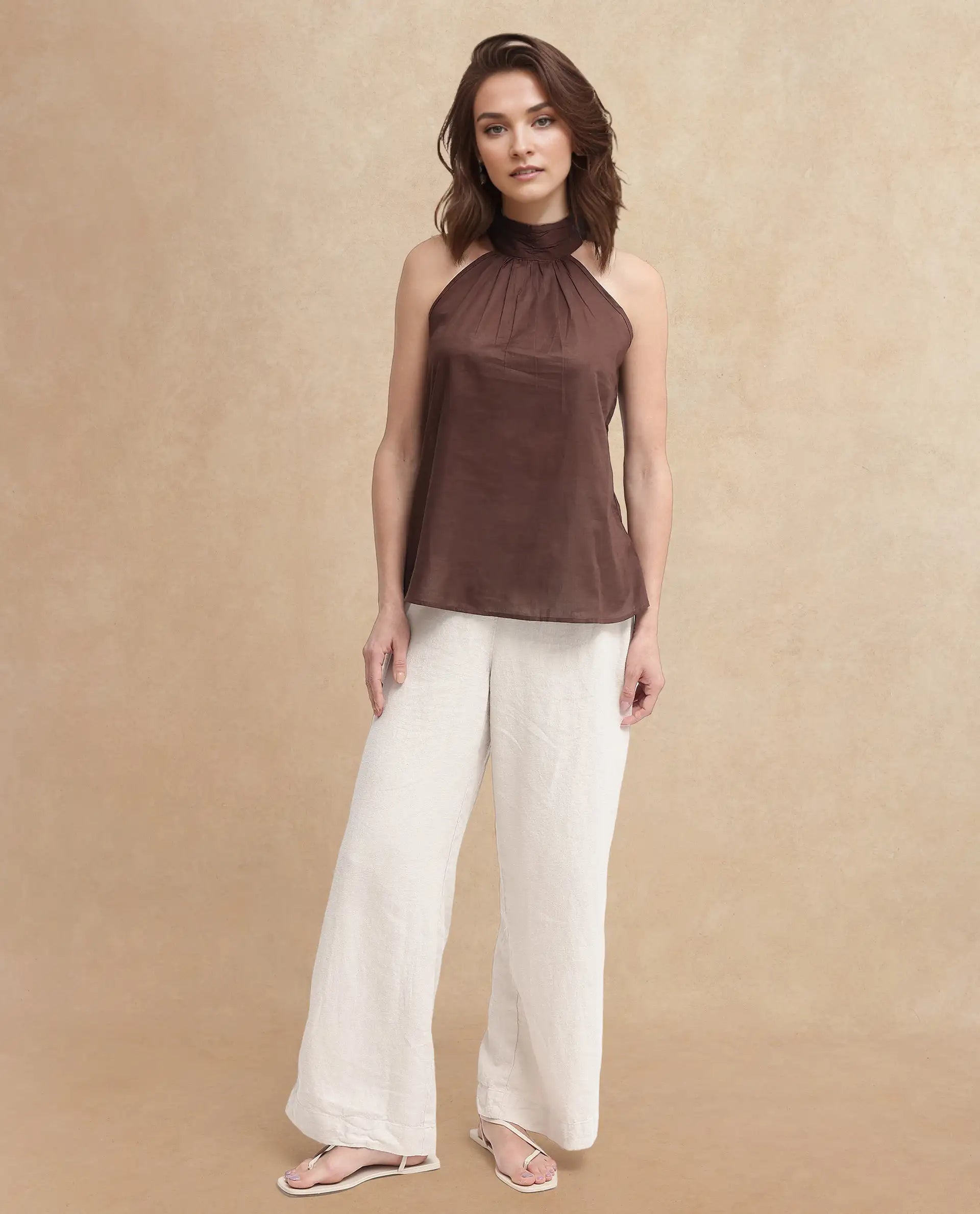 Rareism Women's Kirara Brown Halter Neck Plain Sleeveless Regular Fit Top