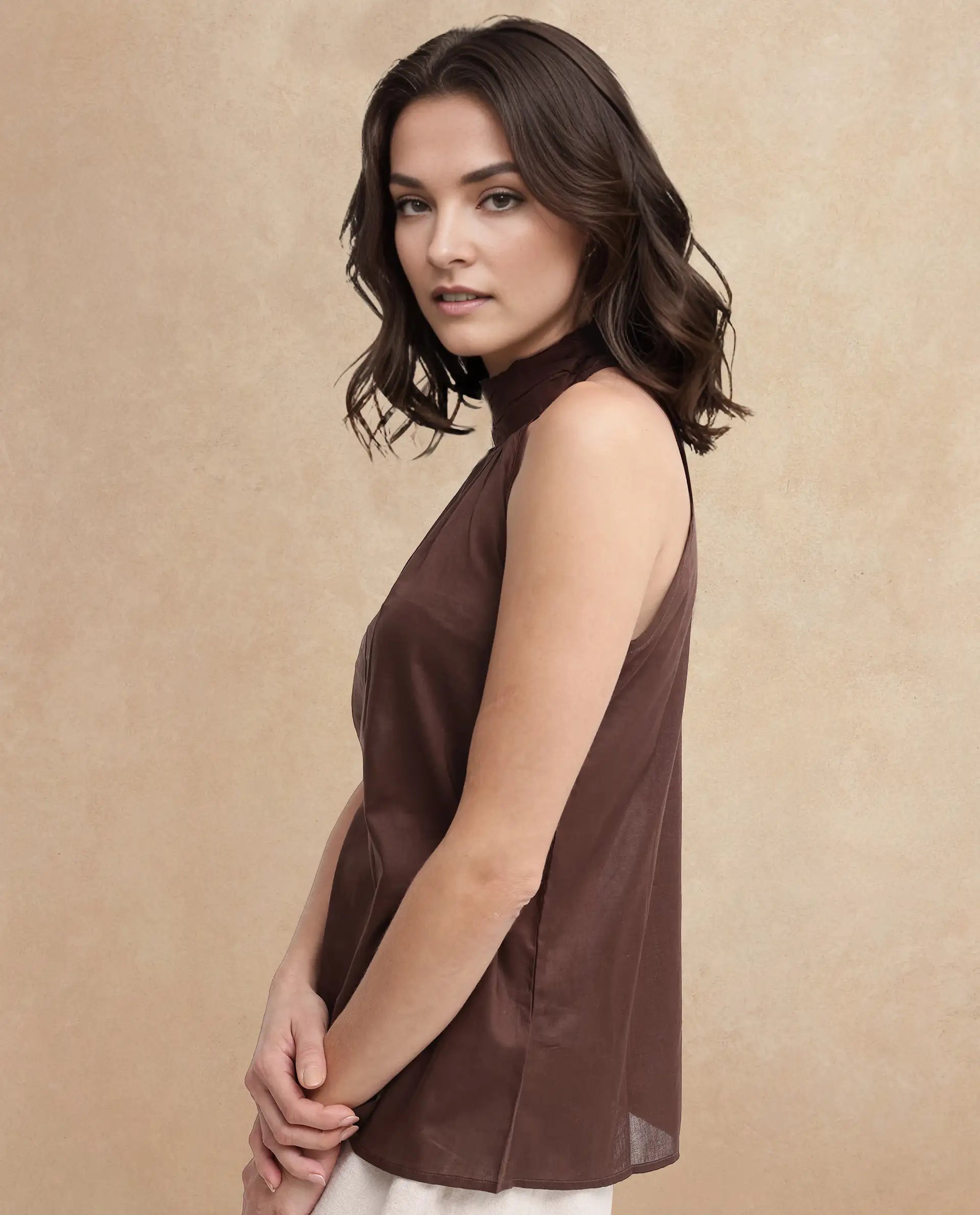 Rareism Women's Kirara Brown Halter Neck Plain Sleeveless Regular Fit Top