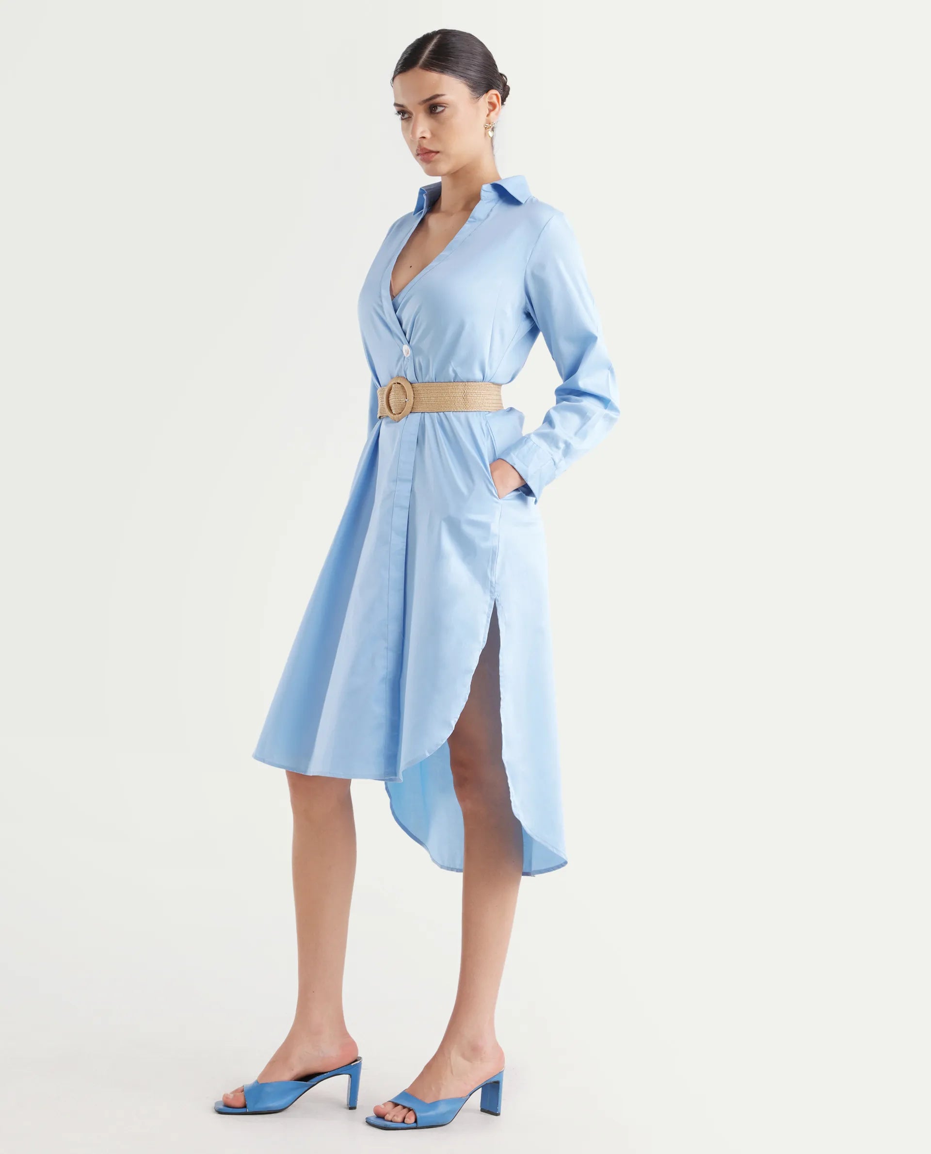 Rareism Women's Kiril Light Blue Cotton Johnny Collar Plain Cuffed Sleeve Midi Relaxed Fit Dress