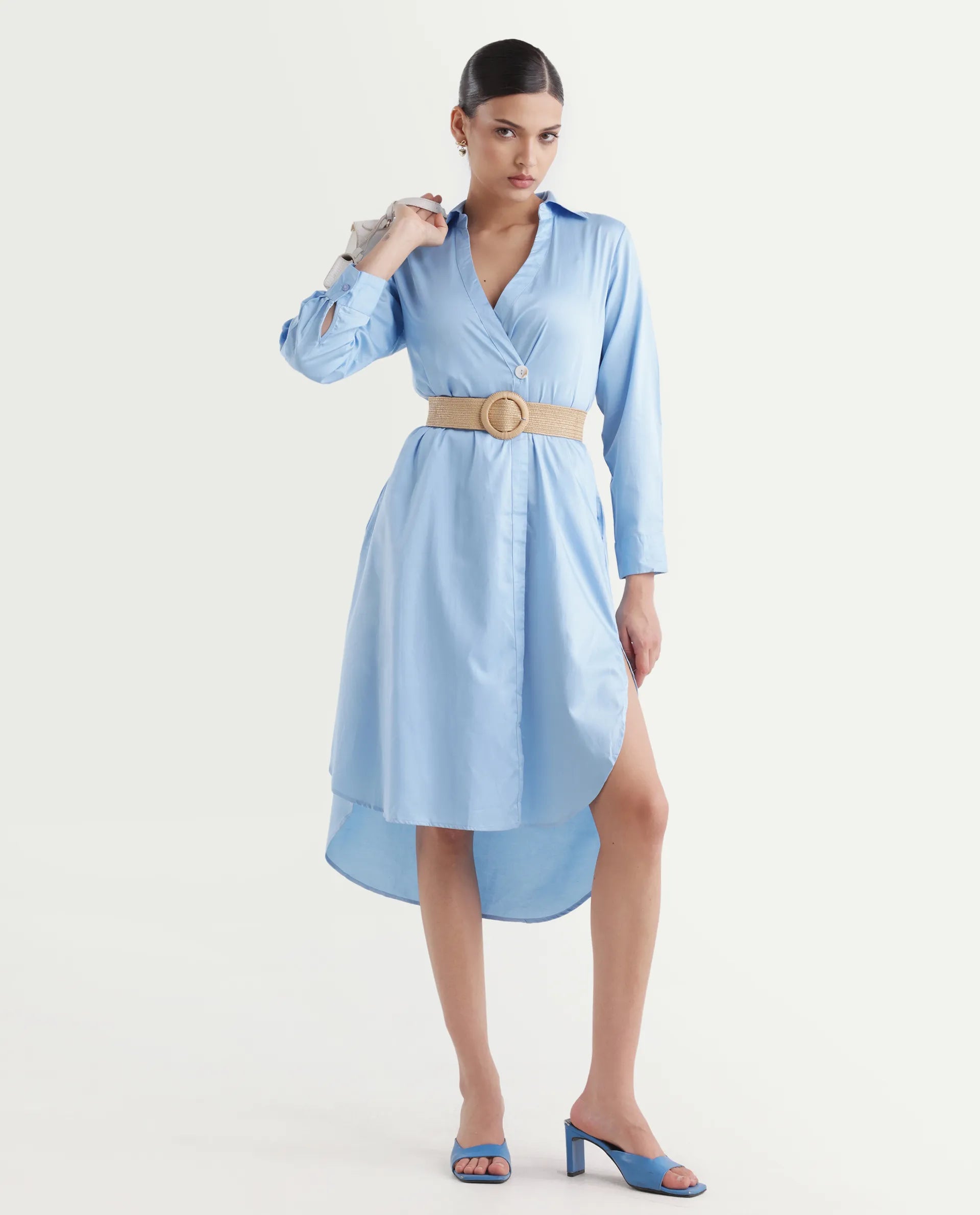 Rareism Women's Kiril Light Blue Cotton Johnny Collar Plain Cuffed Sleeve Midi Relaxed Fit Dress