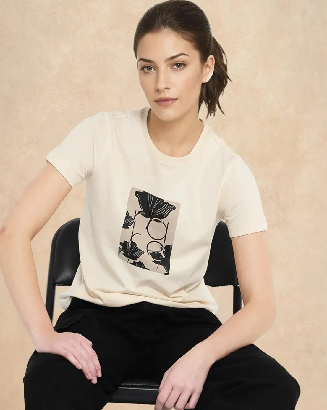 Rareism Women Kirk Light Beige Cotton Poly Fabric Short Sleeve Crew Neck Solid T-Shirt