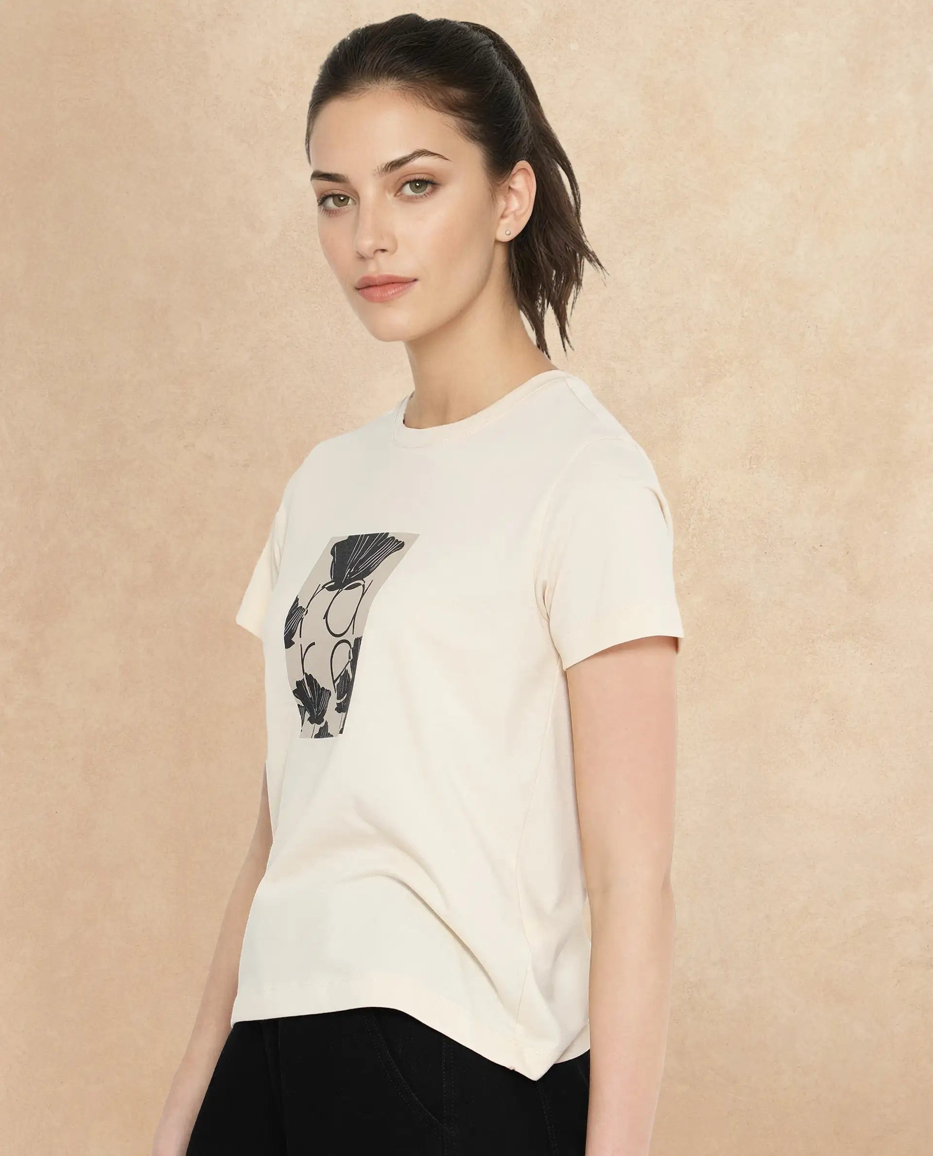 Rareism Women Kirk Light Beige Cotton Poly Fabric Short Sleeve Crew Neck Solid T-Shirt