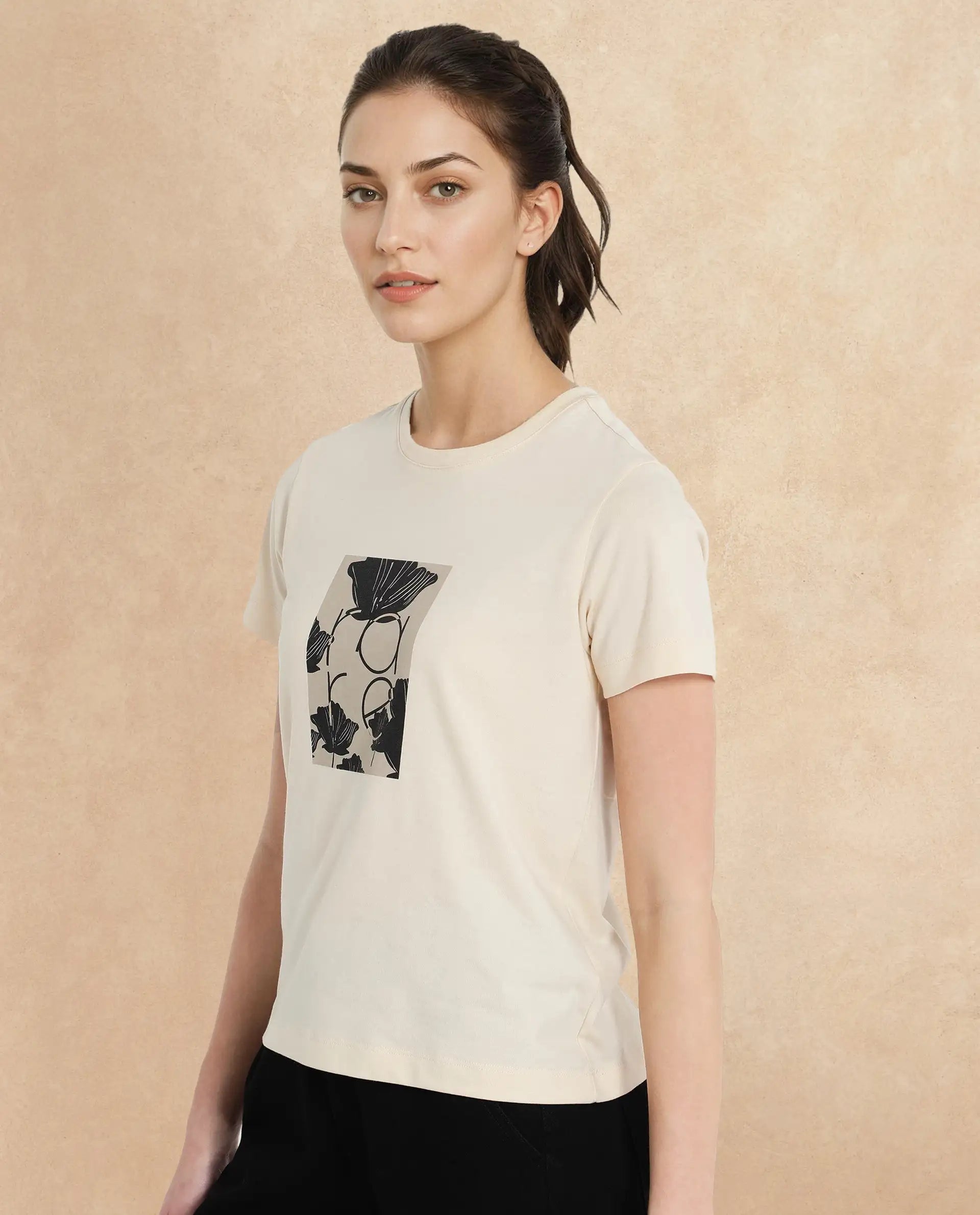 Rareism Women Kirk Light Beige Cotton Poly Fabric Short Sleeve Crew Neck Solid T-Shirt