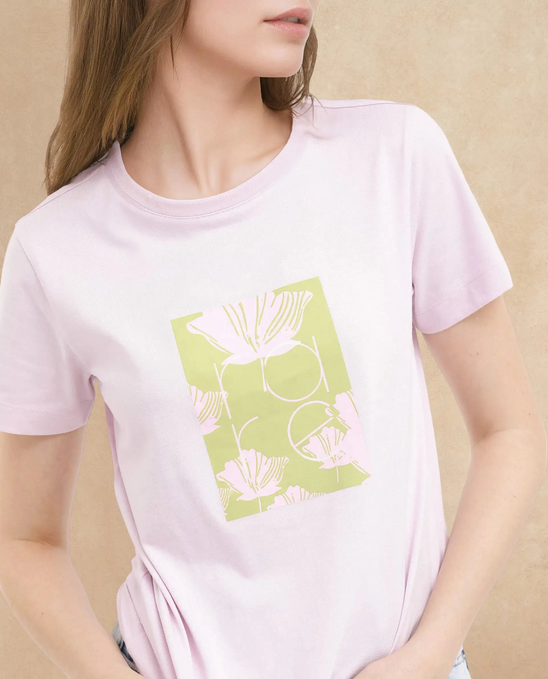 Rareism Women's Kirk Pink Cotton Crew Neck Graphic Print Regular Fit T-Shirt