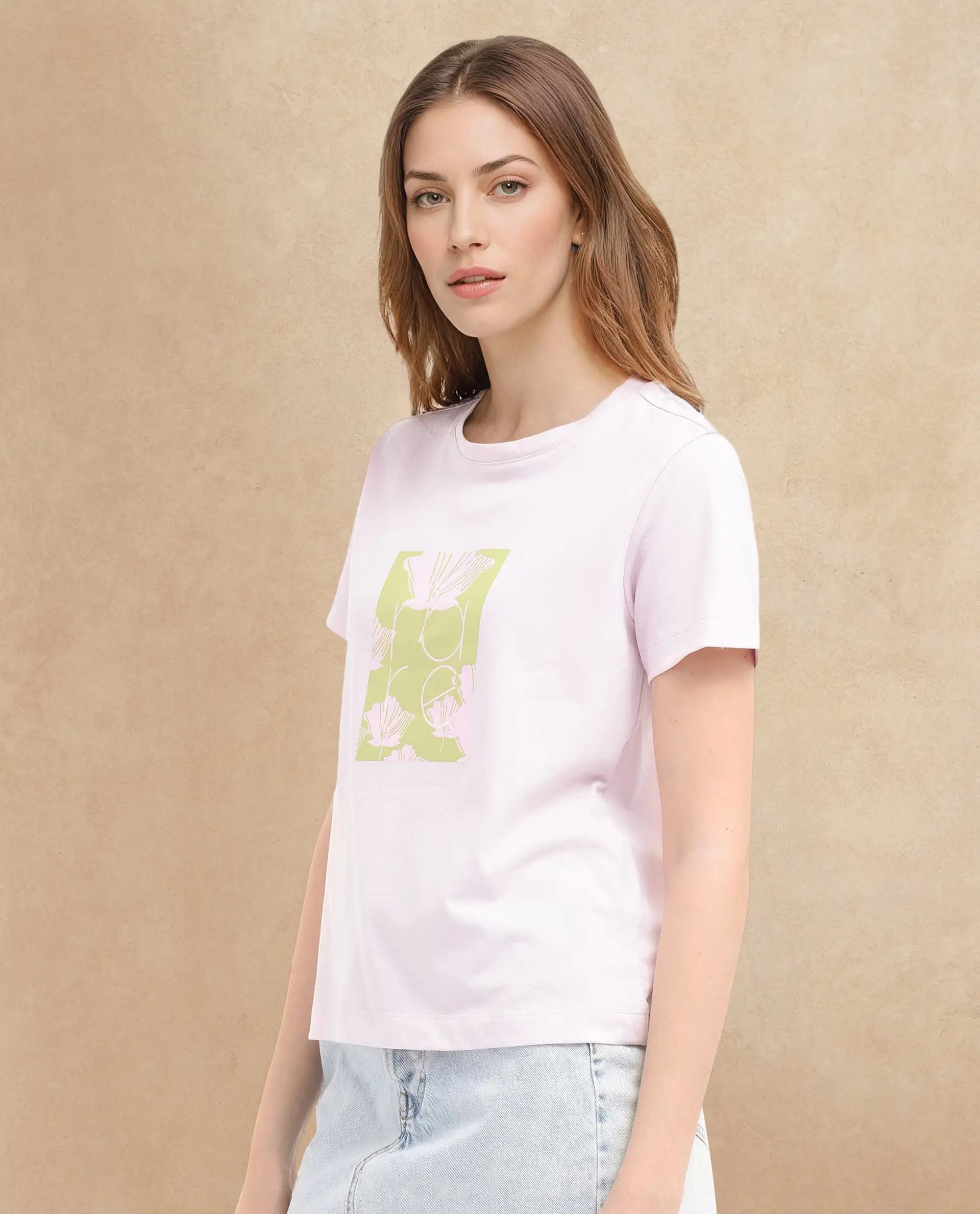 Rareism Women's Kirk Pink Cotton Crew Neck Graphic Print Regular Fit T-Shirt