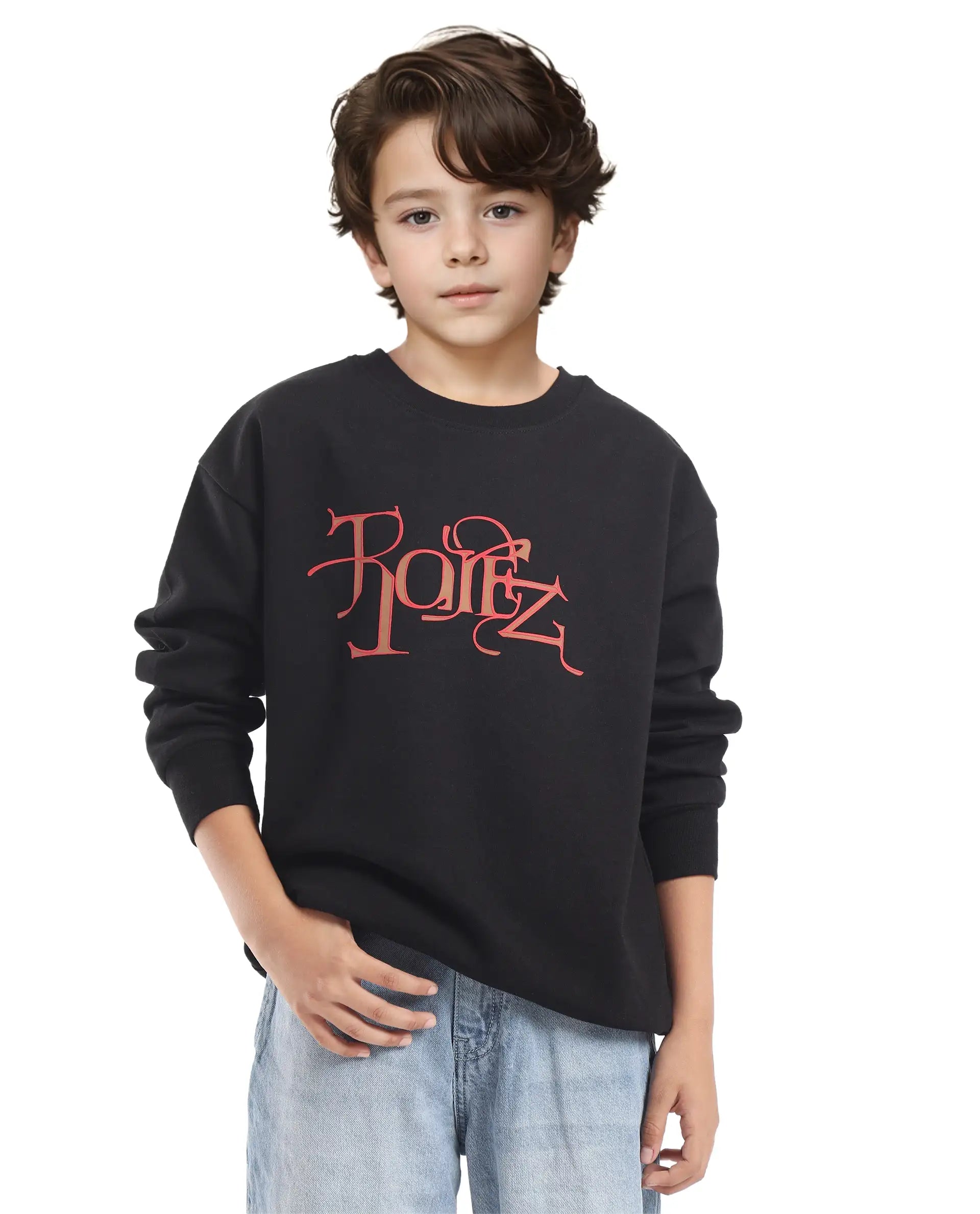 Rare Ones Kids Kiro Black Cotton Full Sleeves Crew Neck Graphic Print Sweatshirt