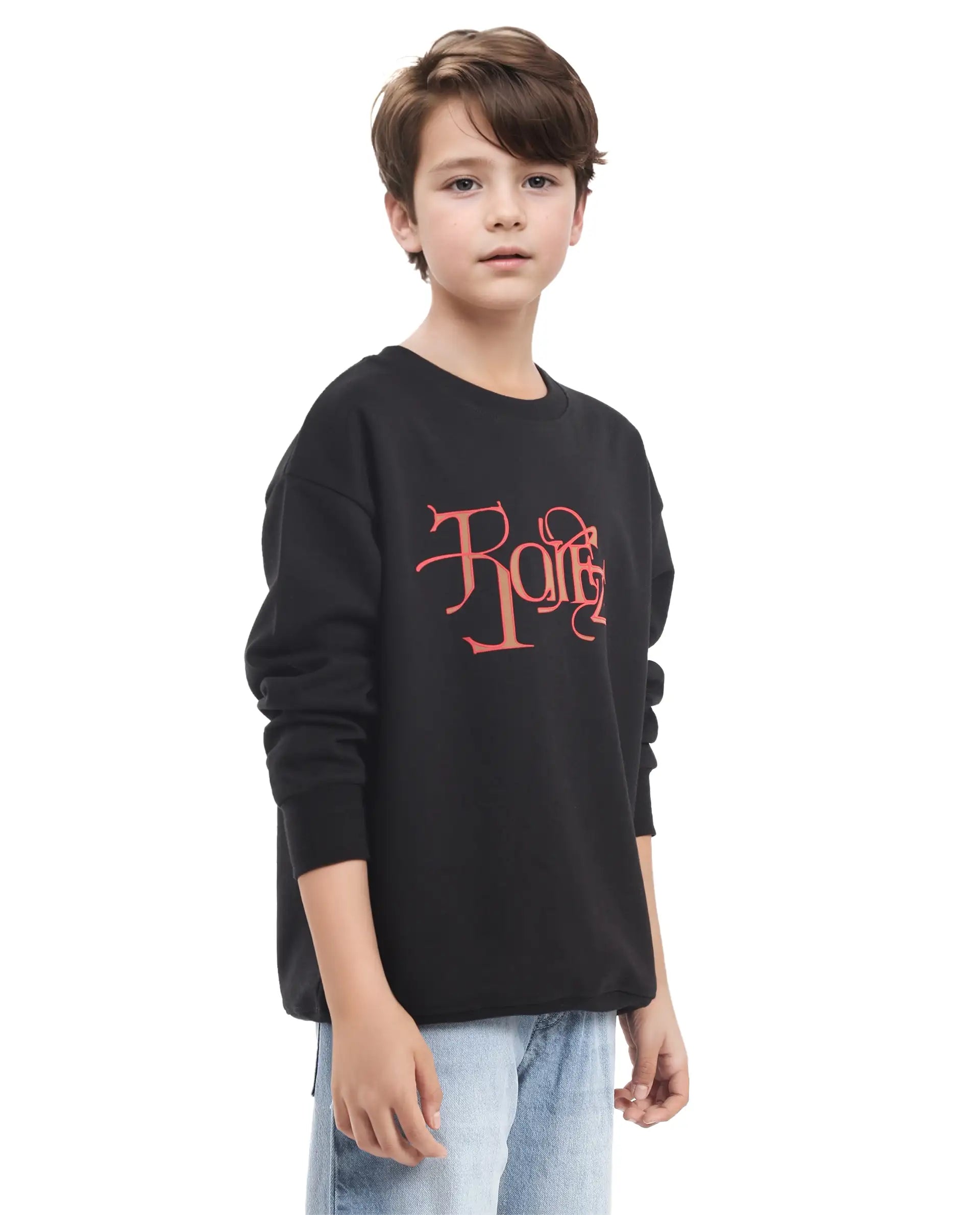 Rare Ones Kids Kiro Black Cotton Full Sleeves Crew Neck Graphic Print Sweatshirt