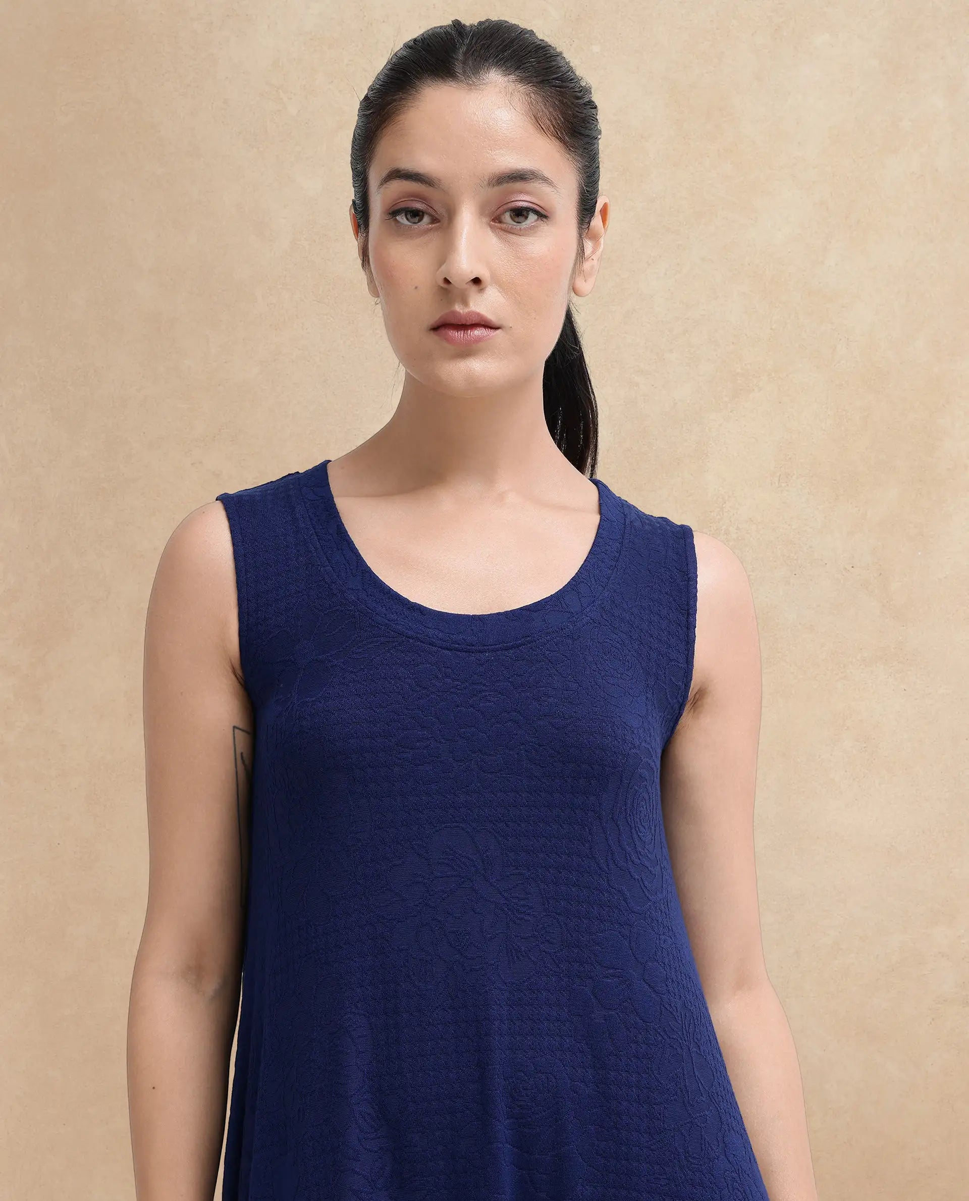 Rareism Women Kisame Dark Blue Sleeveless Crew Neck Flared Plain Midi Dress