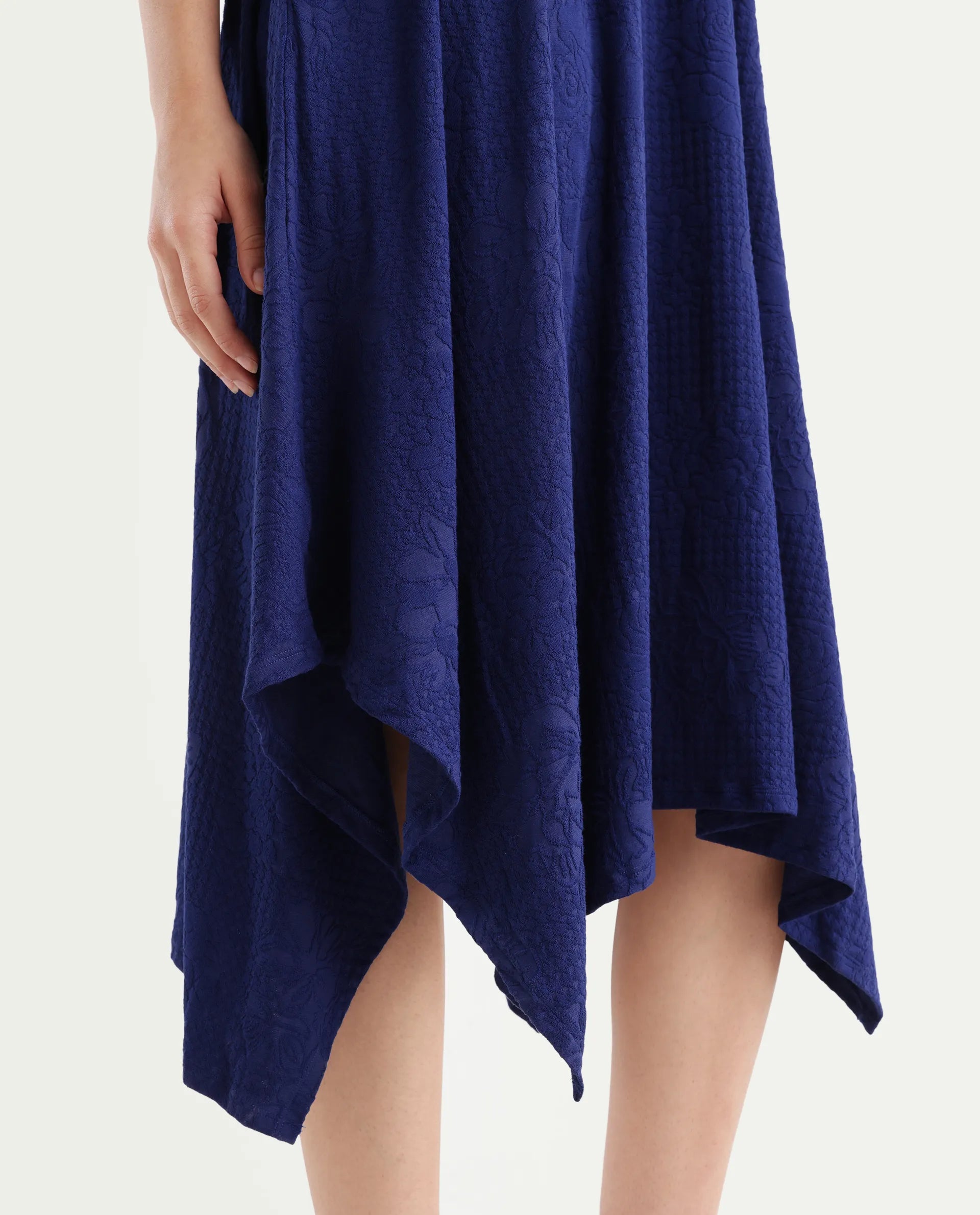 Rareism Women's Kisame Dark Blue Knit Jacquard Crew Neck Plain Sleeveless Midi Flared Dress