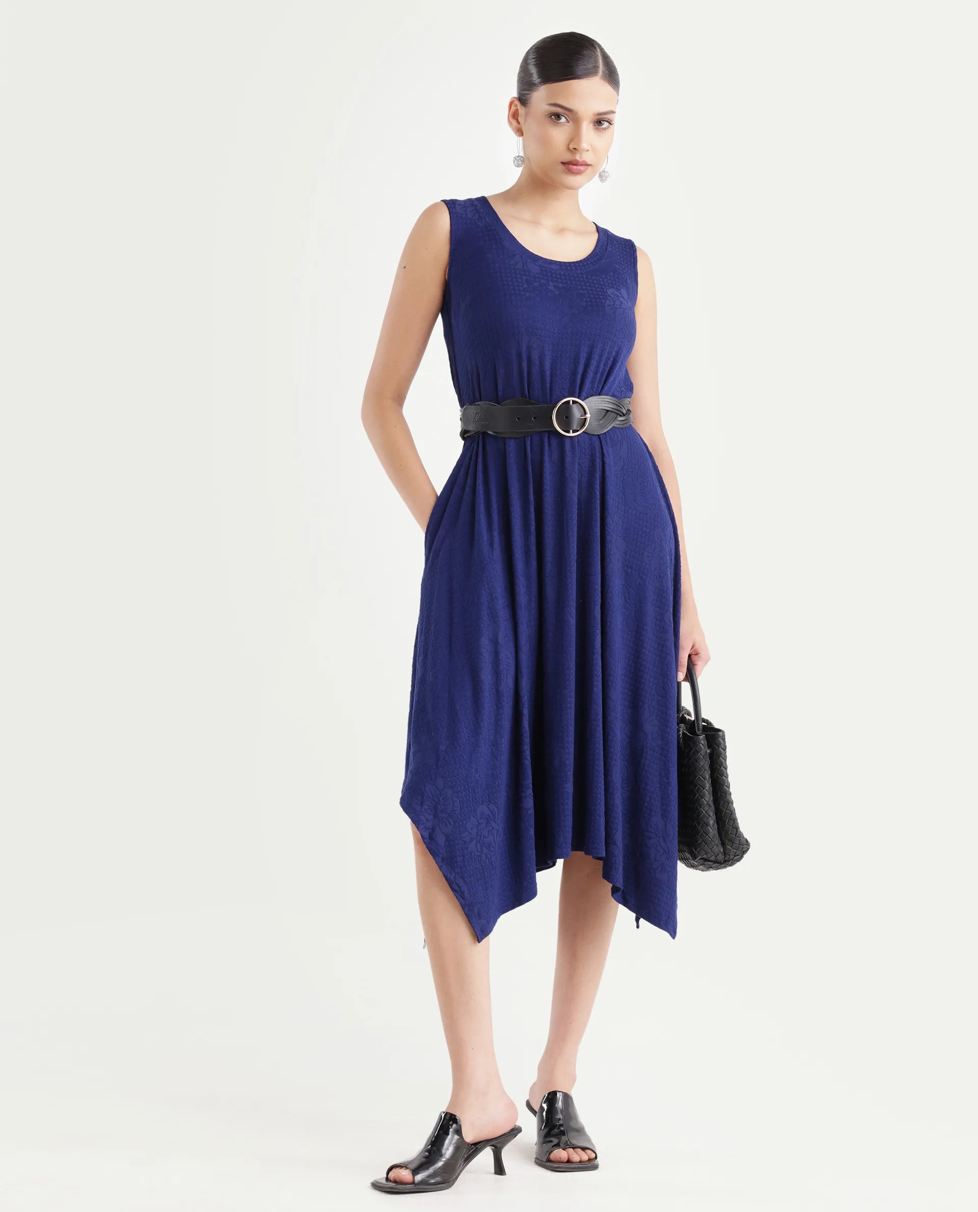 Rareism Women's Kisame Dark Blue Knit Jacquard Crew Neck Plain Sleeveless Midi Flared Dress