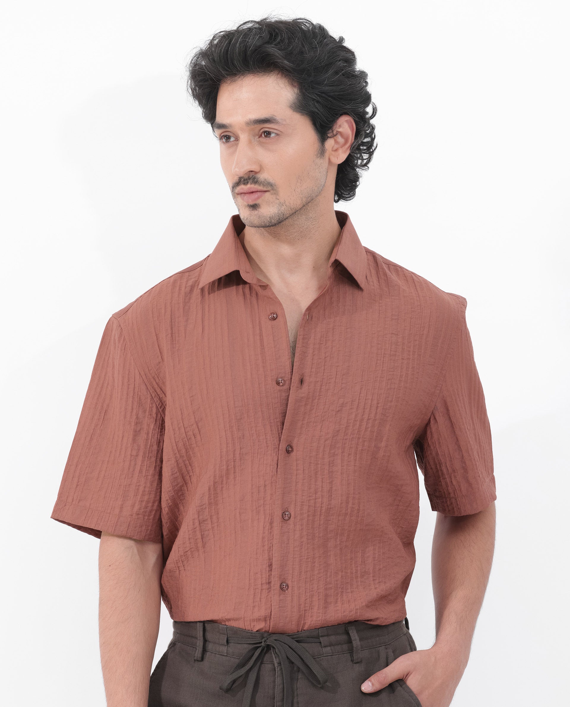 Rare Rabbit Men's Kith Dusky Rust Viscose Nylon Fabric Short Sleeves Boxy Fit Structured Stripe Shirt