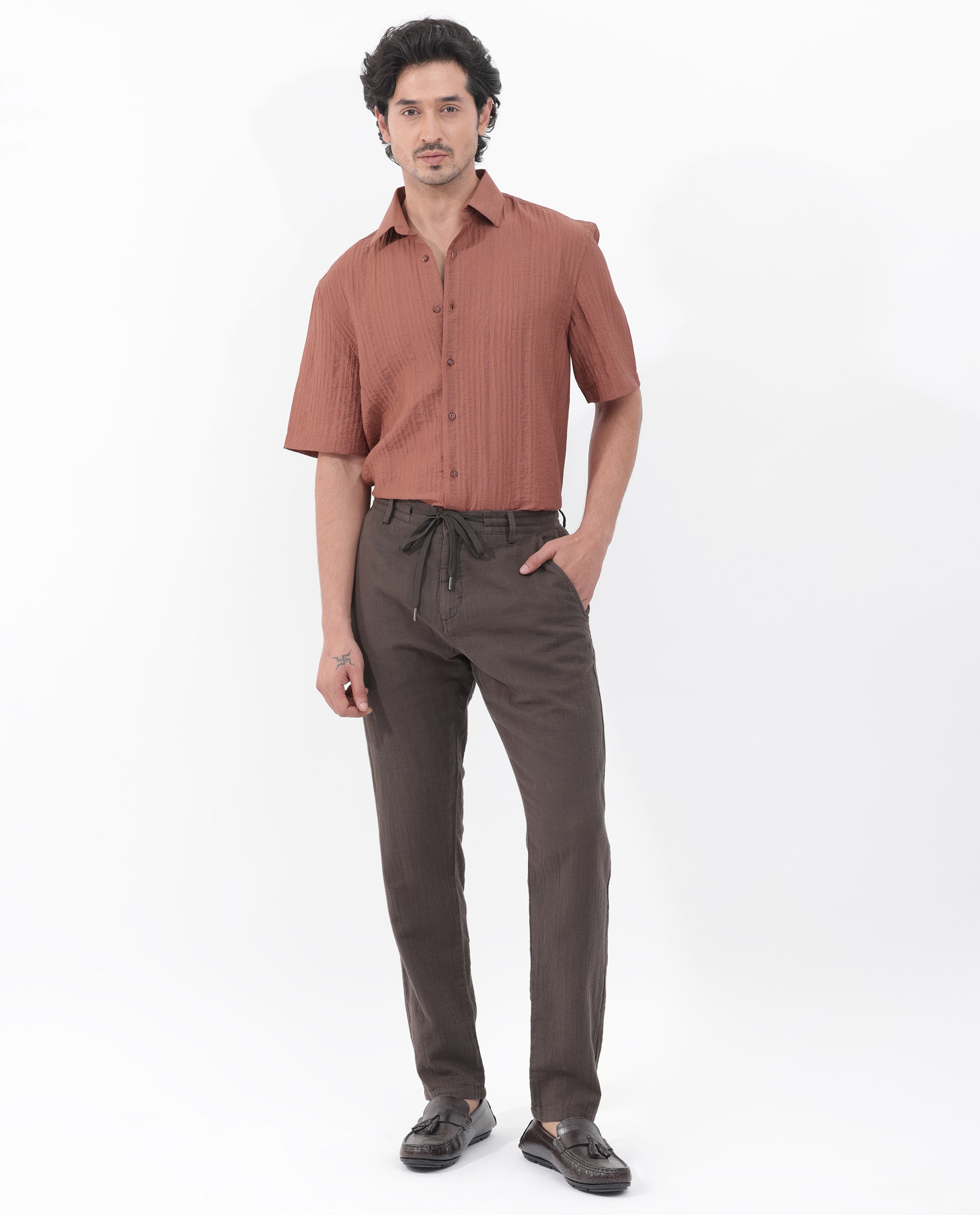 Rare Rabbit Men's Kith Dusky Rust Viscose Nylon Fabric Short Sleeves Boxy Fit Structured Stripe Shirt