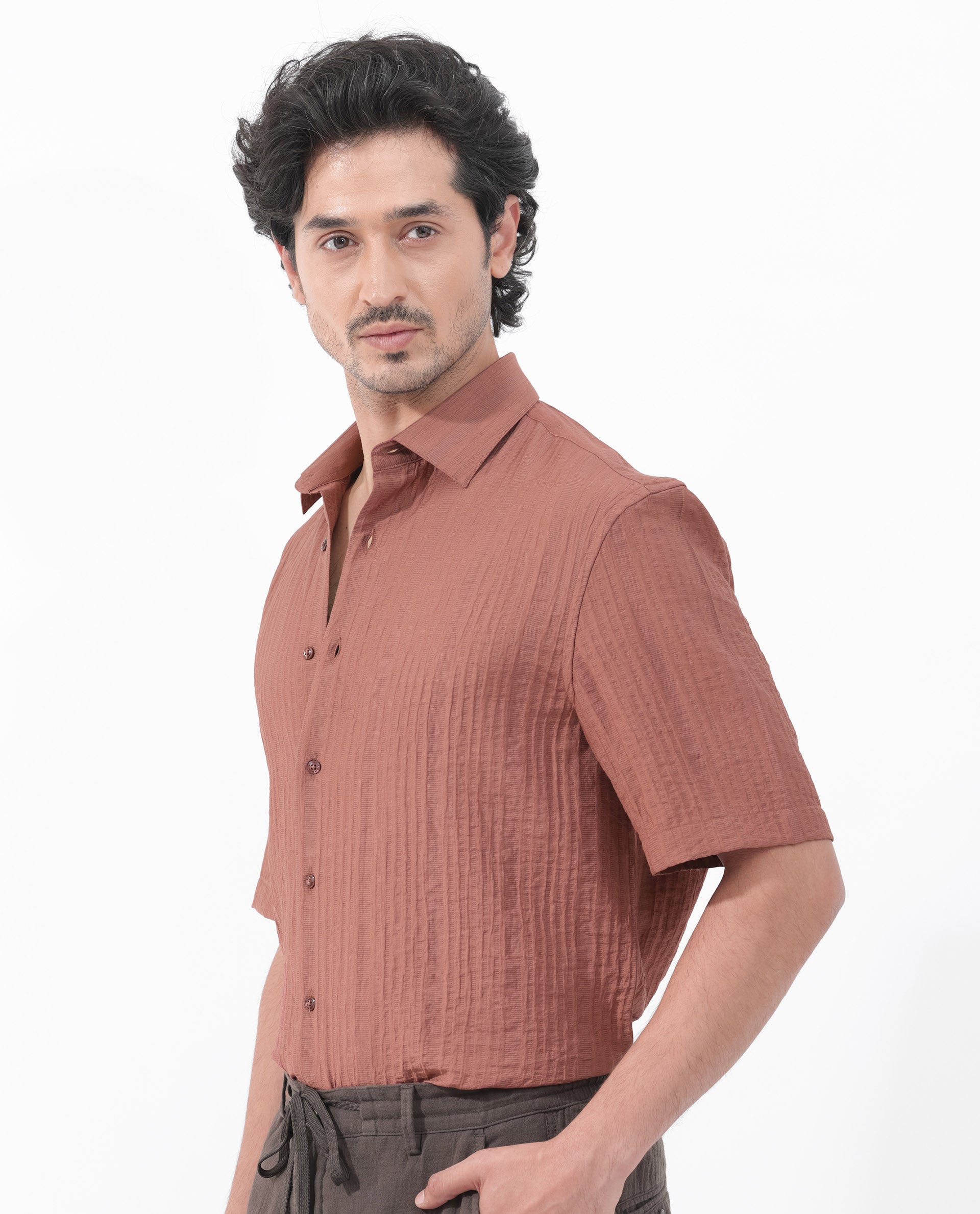 Rare Rabbit Men's Kith Dusky Rust Viscose Nylon Fabric Short Sleeves Boxy Fit Structured Stripe Shirt
