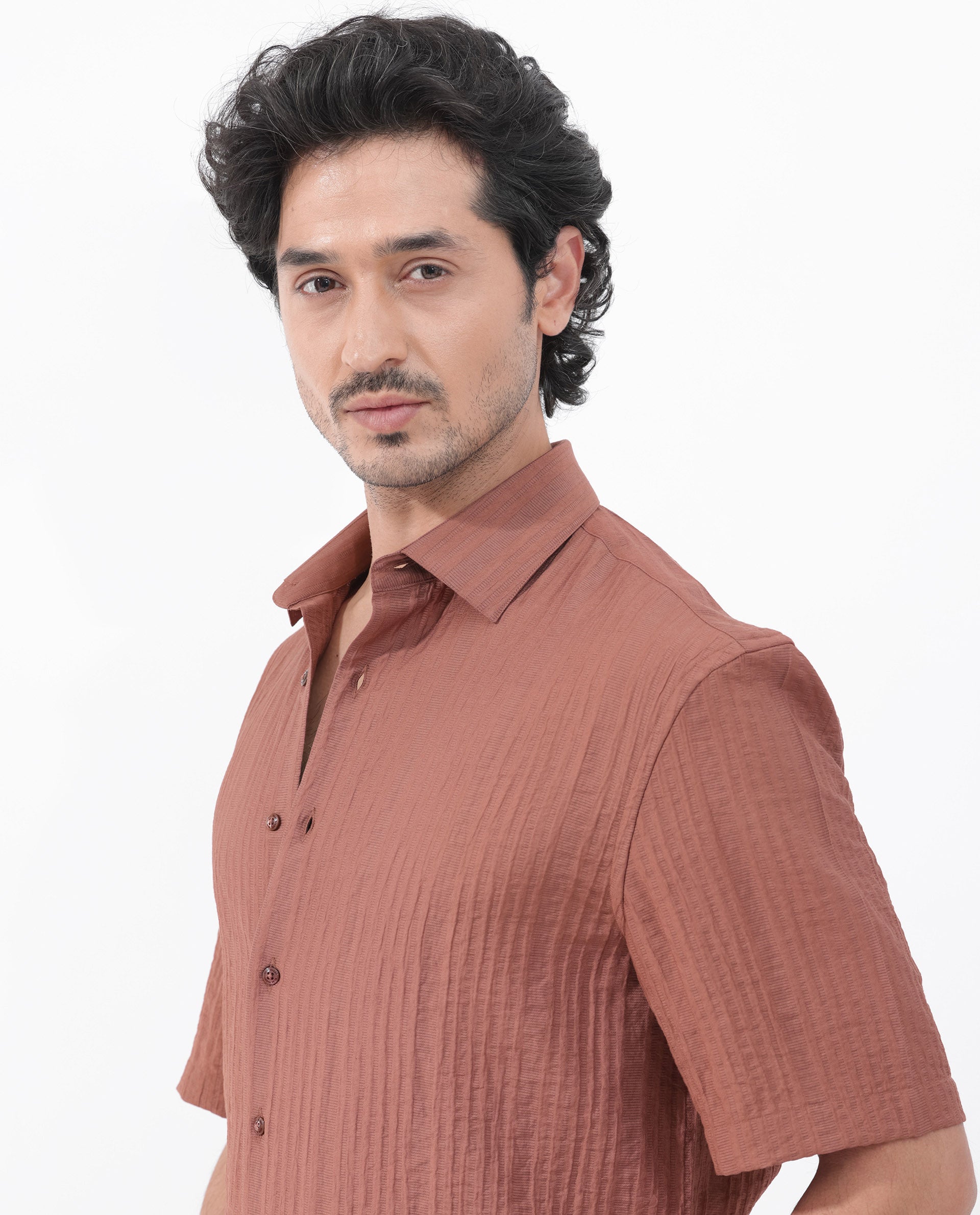 Rare Rabbit Men's Kith Dusky Rust Viscose Nylon Fabric Short Sleeves Boxy Fit Structured Stripe Shirt