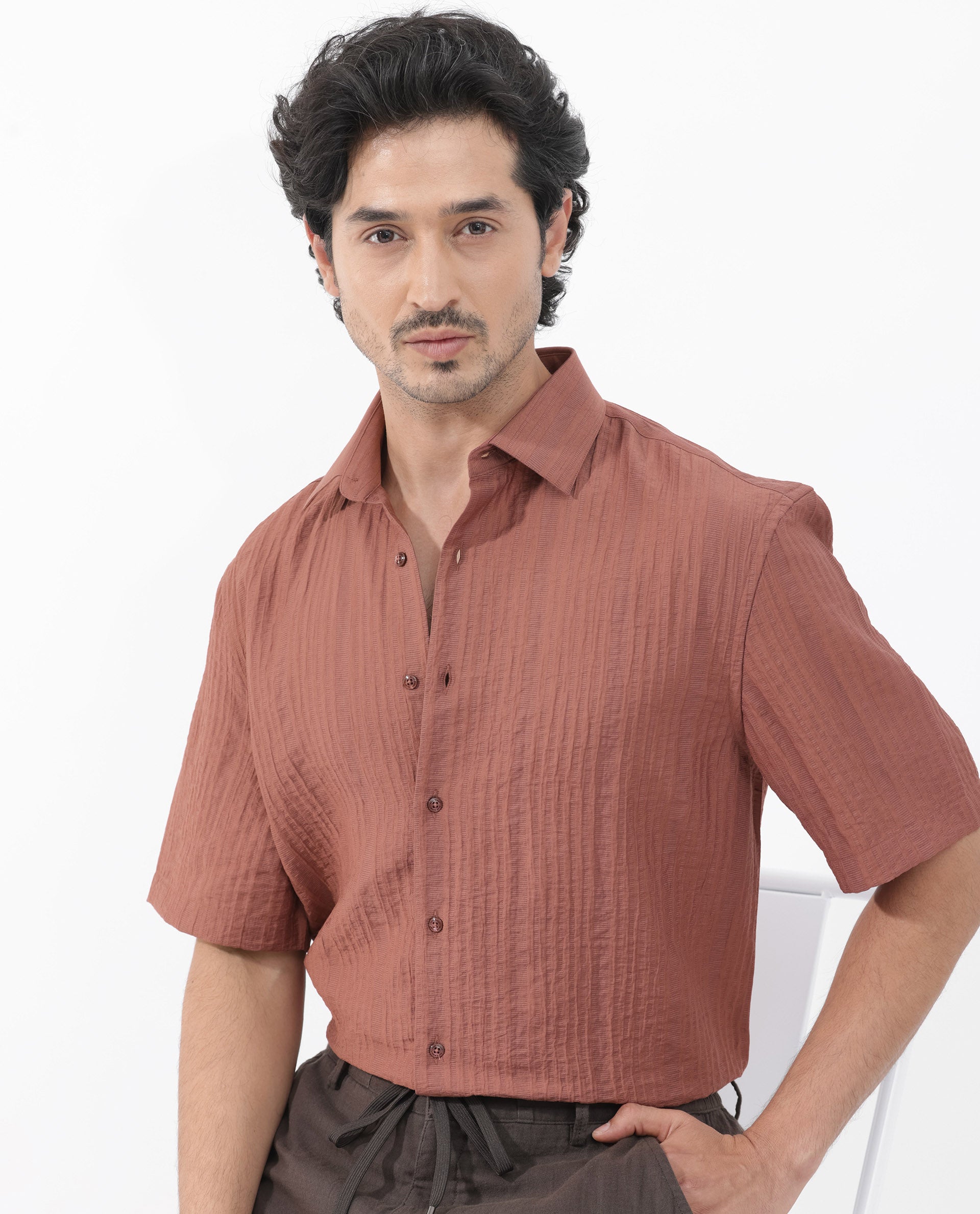 Rare Rabbit Men's Kith Dusky Rust Viscose Nylon Fabric Short Sleeves Boxy Fit Structured Stripe Shirt