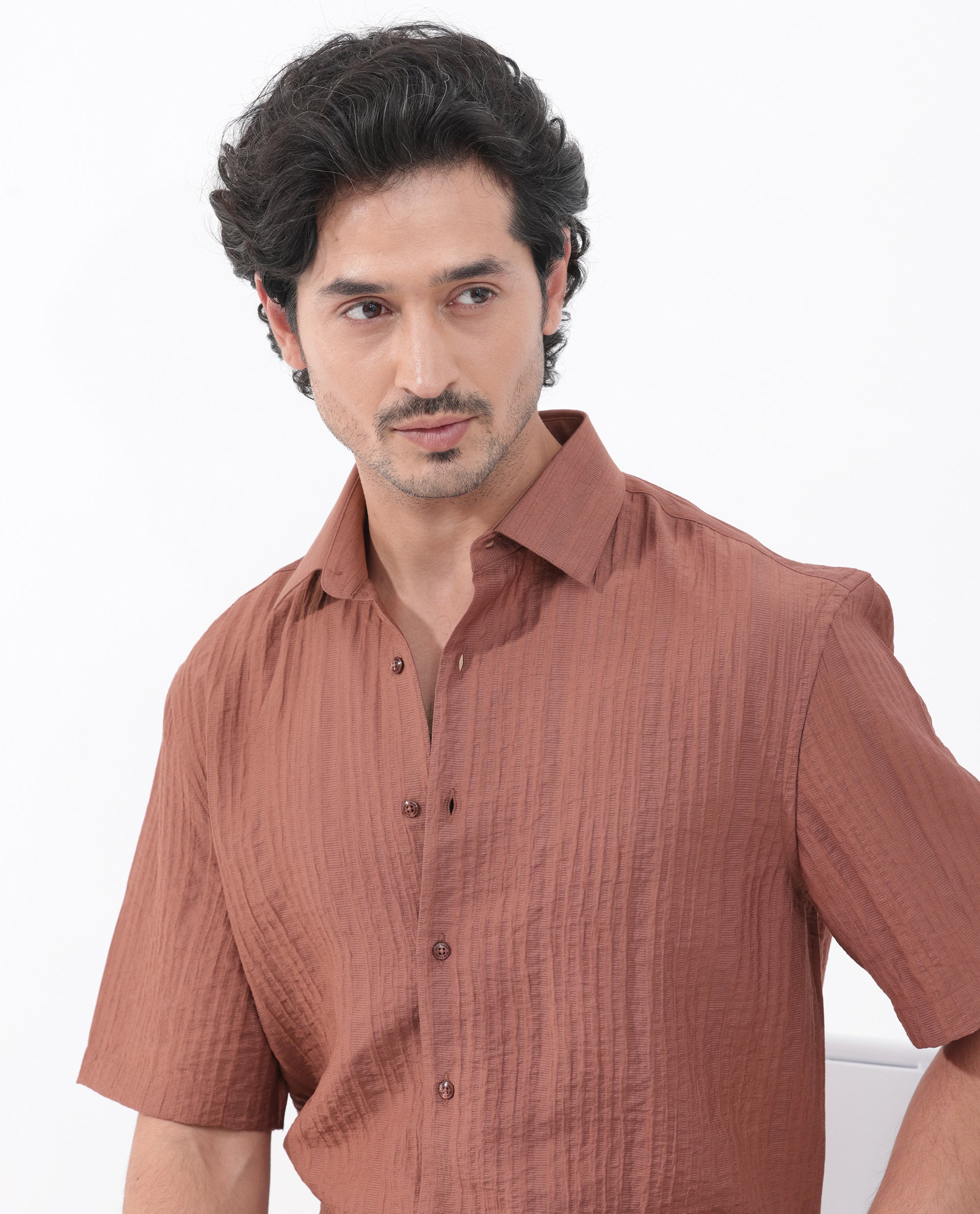 Rare Rabbit Men's Kith Dusky Rust Viscose Nylon Fabric Short Sleeves Boxy Fit Structured Stripe Shirt