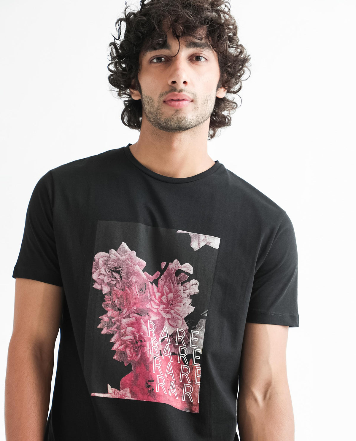 Rare Rabbit Men's Kitons Black Crew Neck Floral Discharge Print Slim Fit T-Shirt