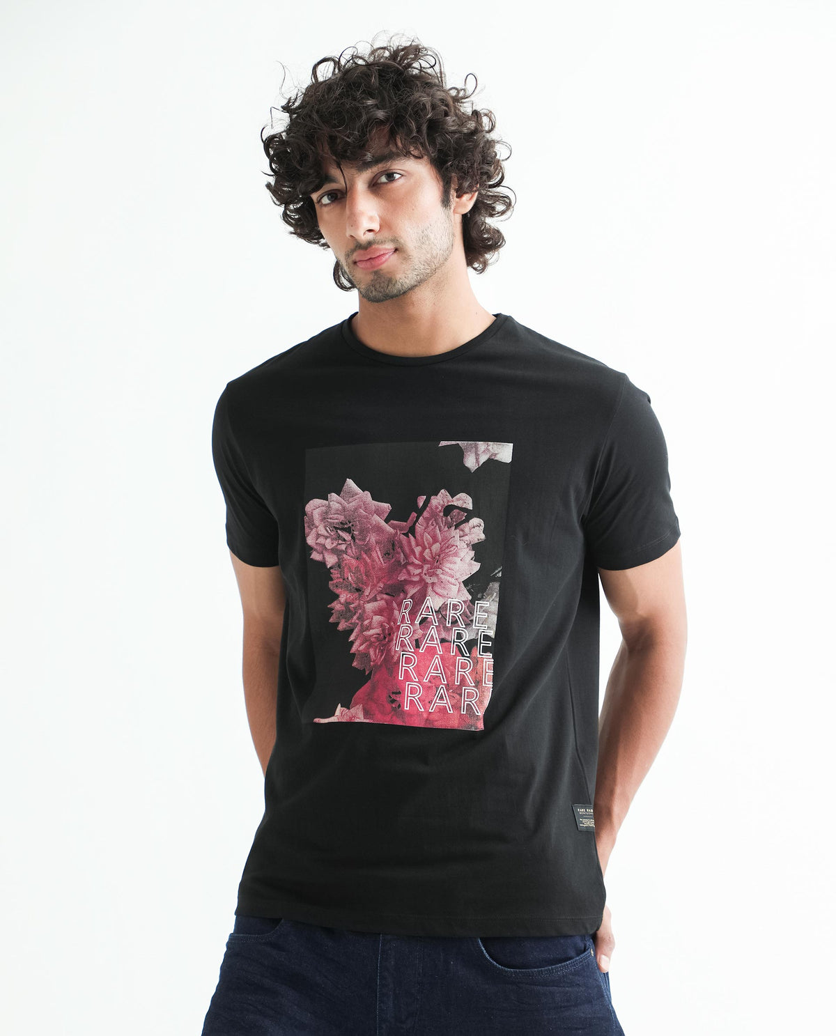 Rare Rabbit Men's Kitons Black Crew Neck Floral Discharge Print Slim Fit T-Shirt
