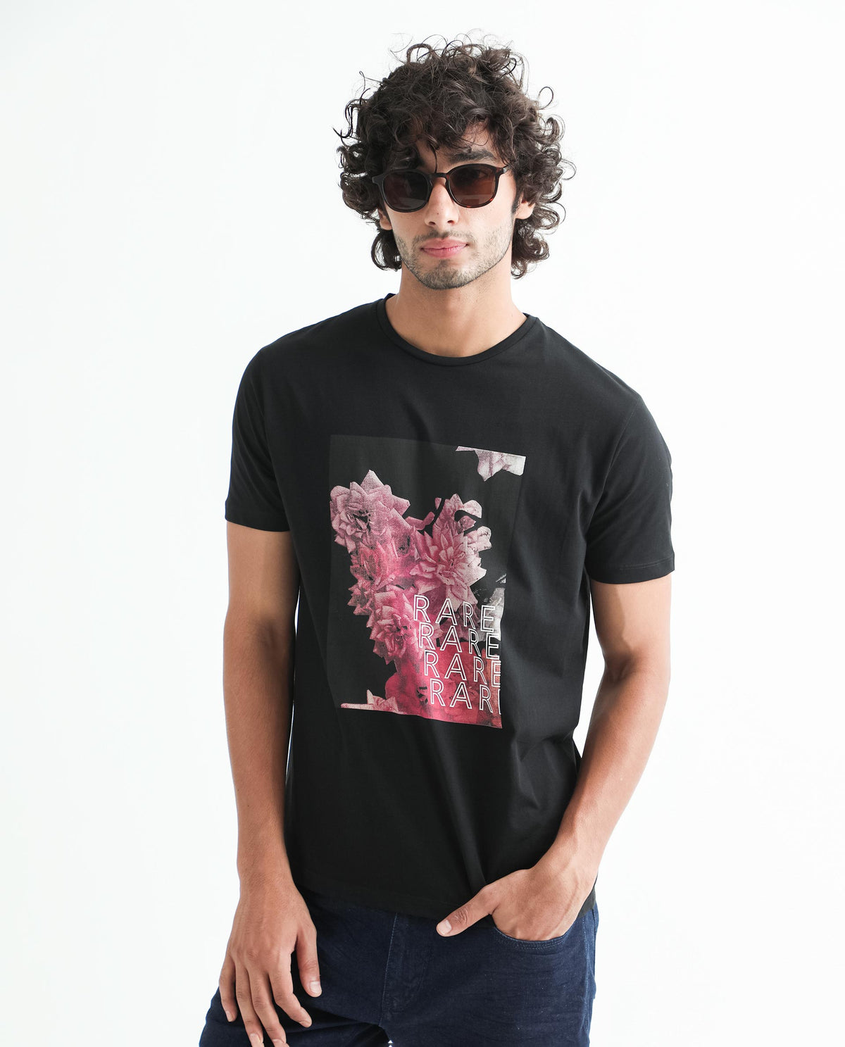 Rare Rabbit Men's Kitons Black Crew Neck Floral Discharge Print Slim Fit T-Shirt