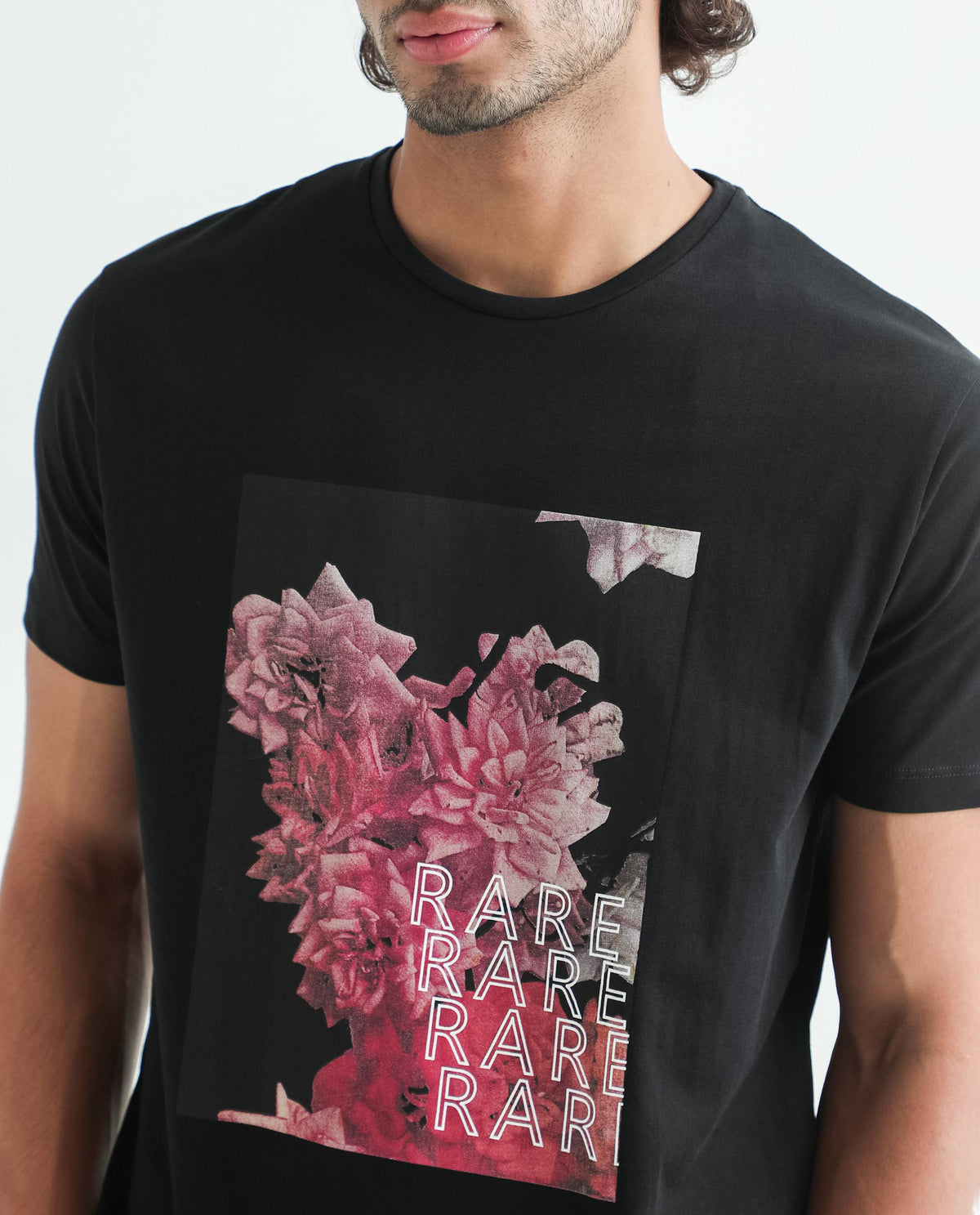 Rare Rabbit Men's Kitons Black Crew Neck Floral Discharge Print Slim Fit T-Shirt