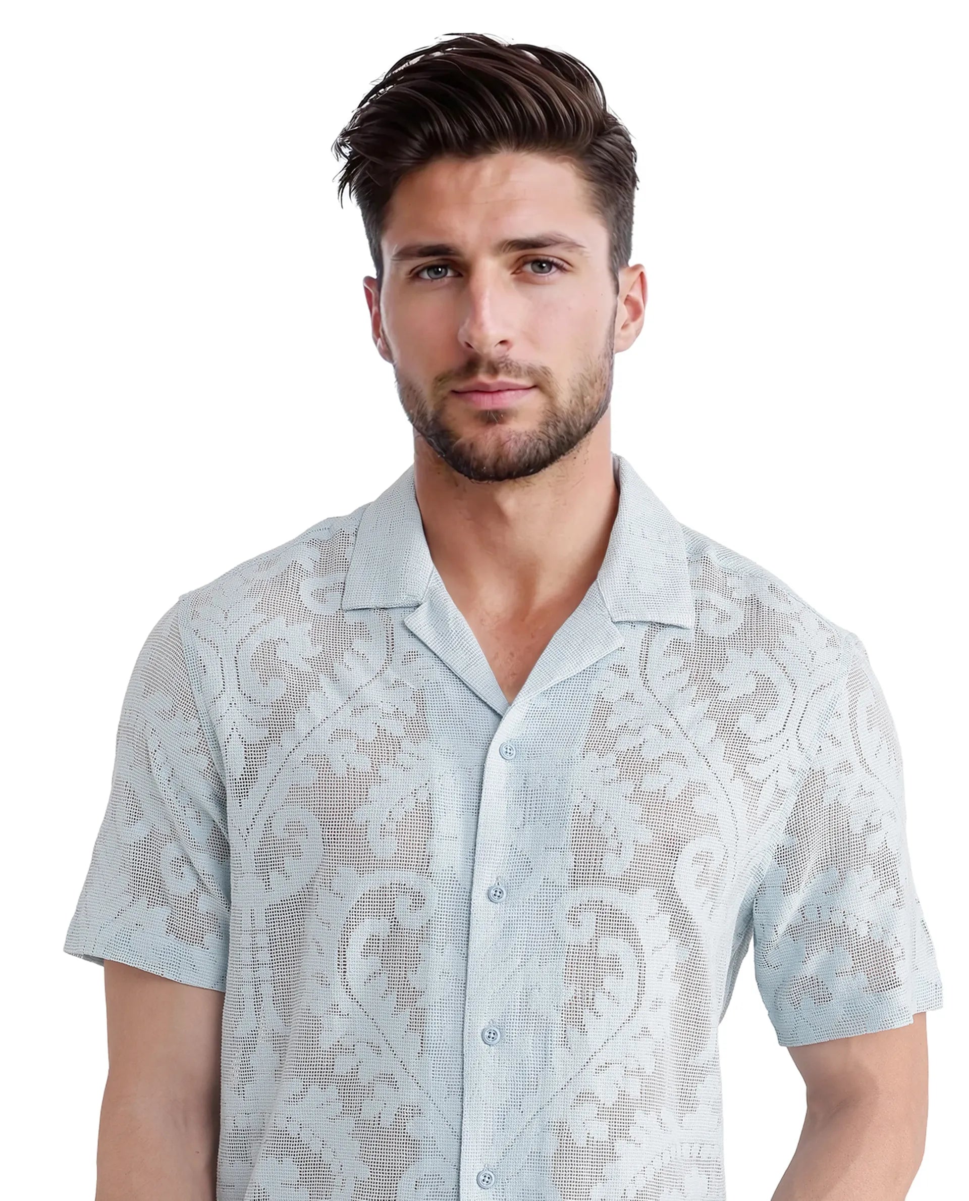 Rare Rabbit Men's Kiv Light Blue Cotton Fabric Short Sleeve Cuban Collared Knitted Floral Sheer Shirt