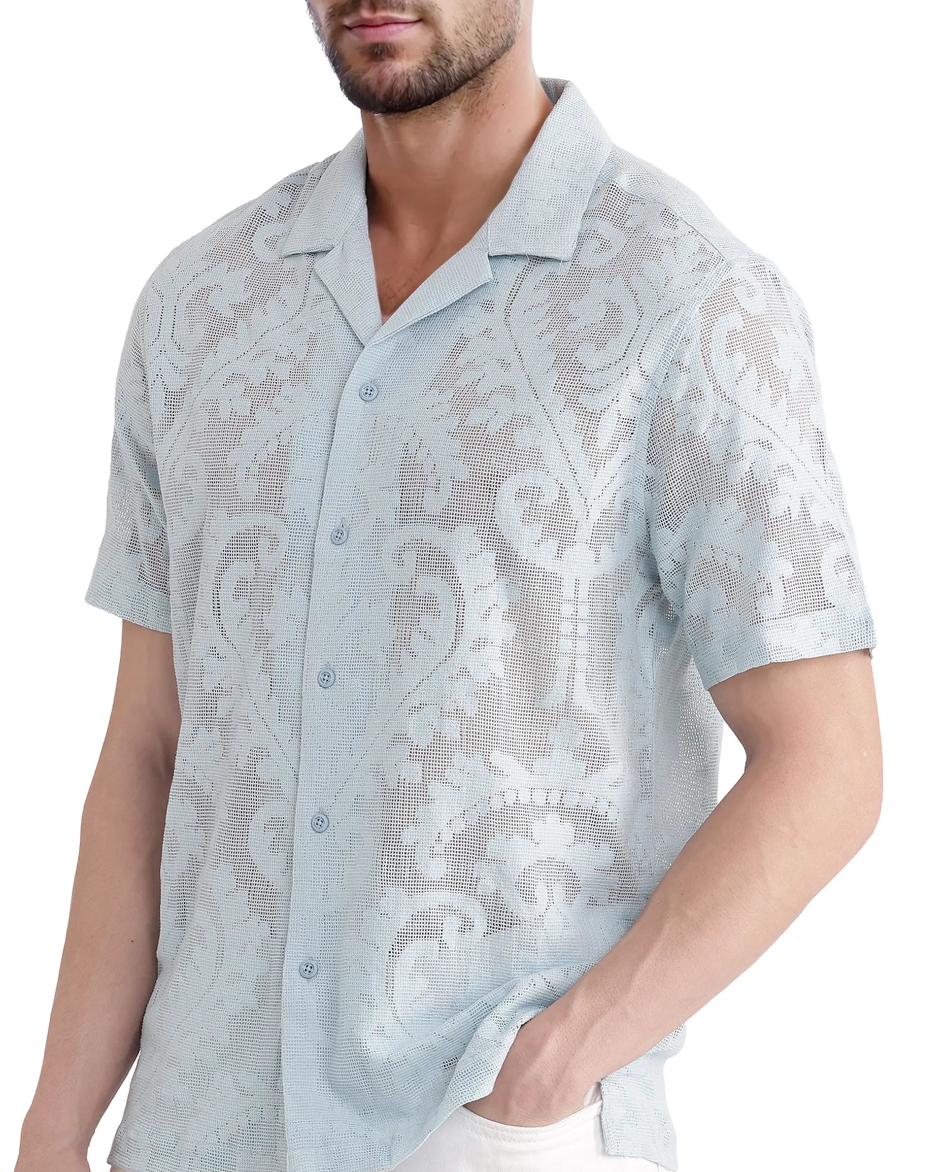 Rare Rabbit Men's Kiv Light Blue Cotton Fabric Short Sleeve Cuban Collared Knitted Floral Sheer Shirt