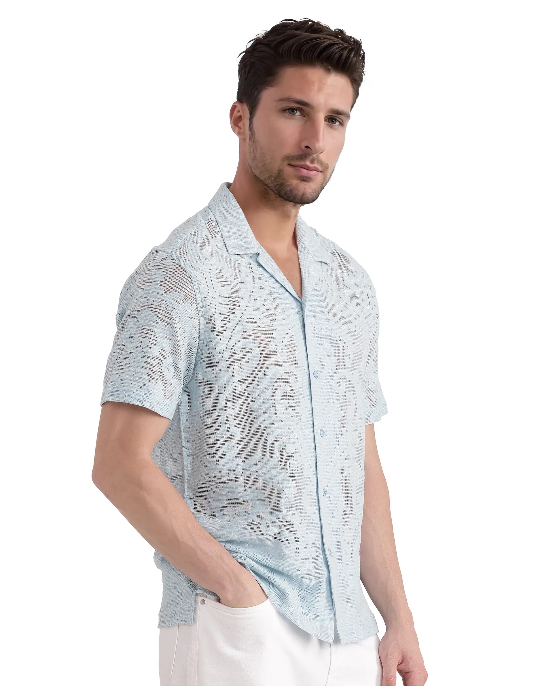 Rare Rabbit Men's Kiv Light Blue Cotton Fabric Short Sleeve Cuban Collared Knitted Floral Sheer Shirt