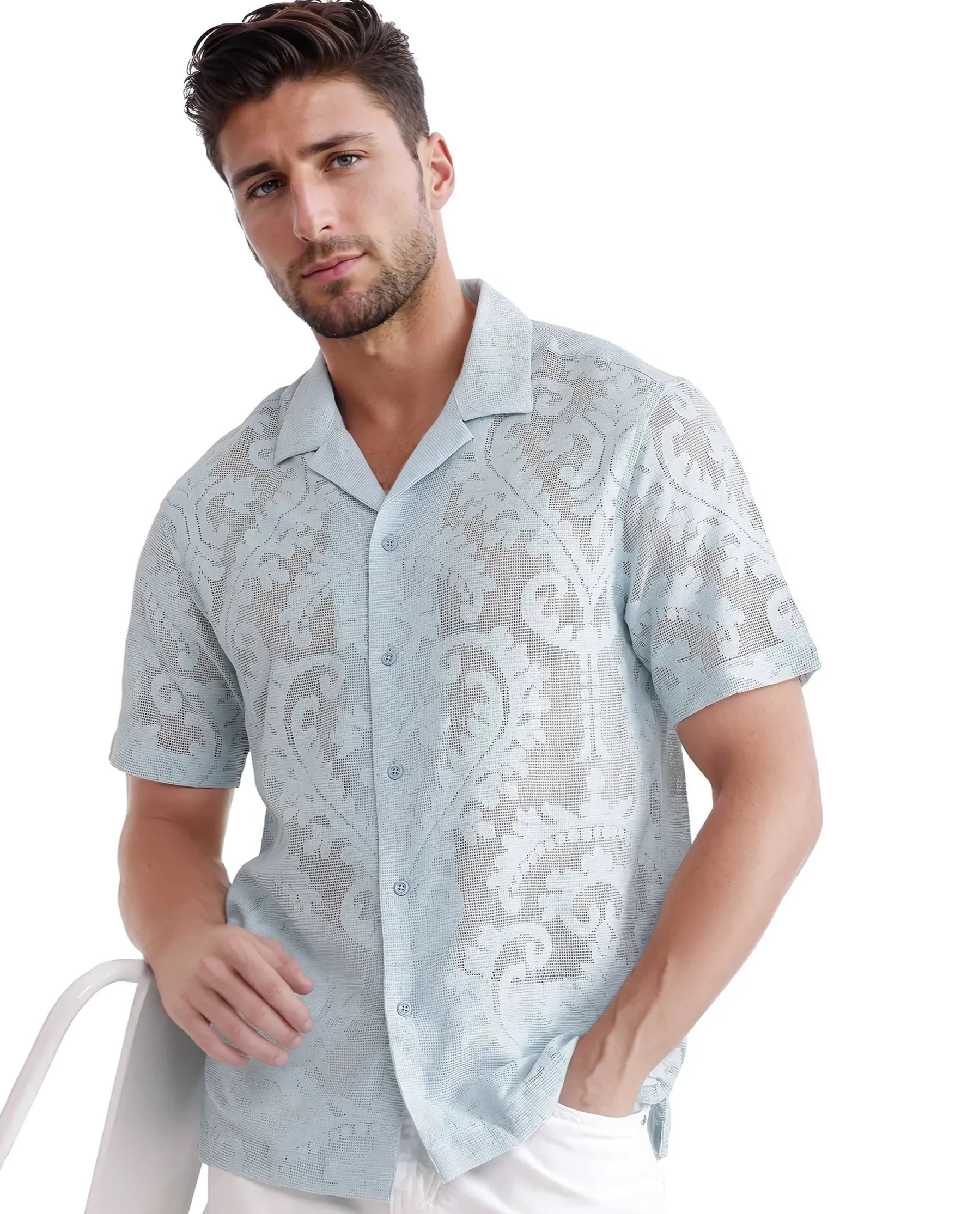 Rare Rabbit Men's Kiv Light Blue Cotton Fabric Short Sleeve Cuban Collared Knitted Floral Sheer Shirt