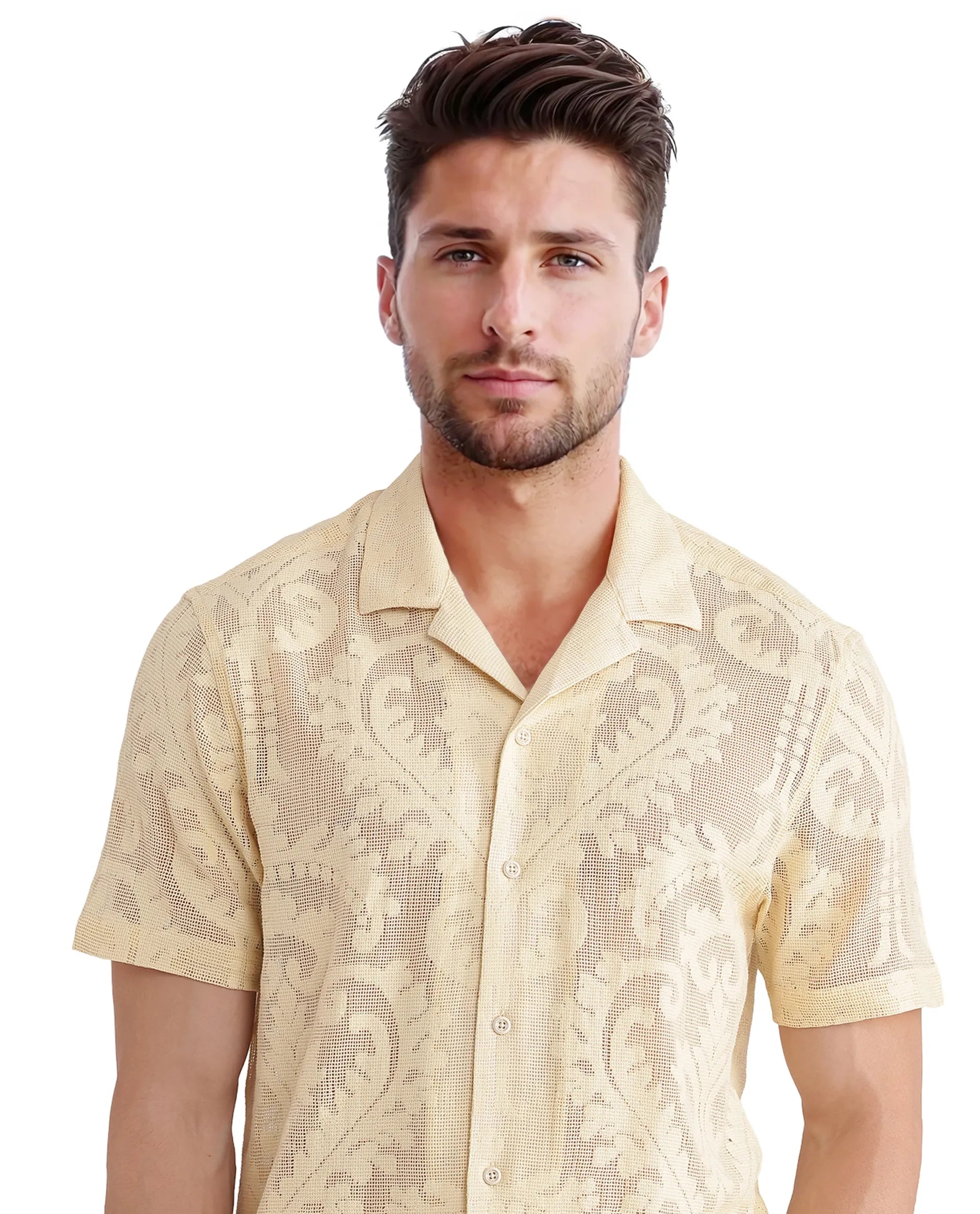 Rare Rabbit Men's Kiv Light Yellow Cotton Fabric Short Sleeve Cuban Collared Knitted Floral Sheer Shirt