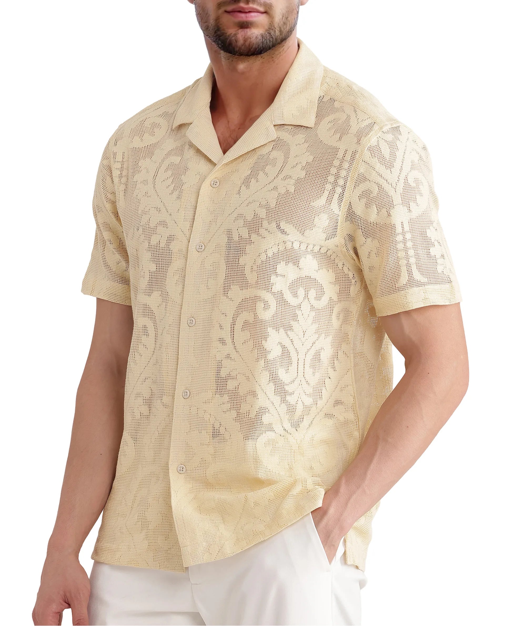 Rare Rabbit Men's Kiv Light Yellow Cotton Fabric Short Sleeve Cuban Collared Knitted Floral Sheer Shirt