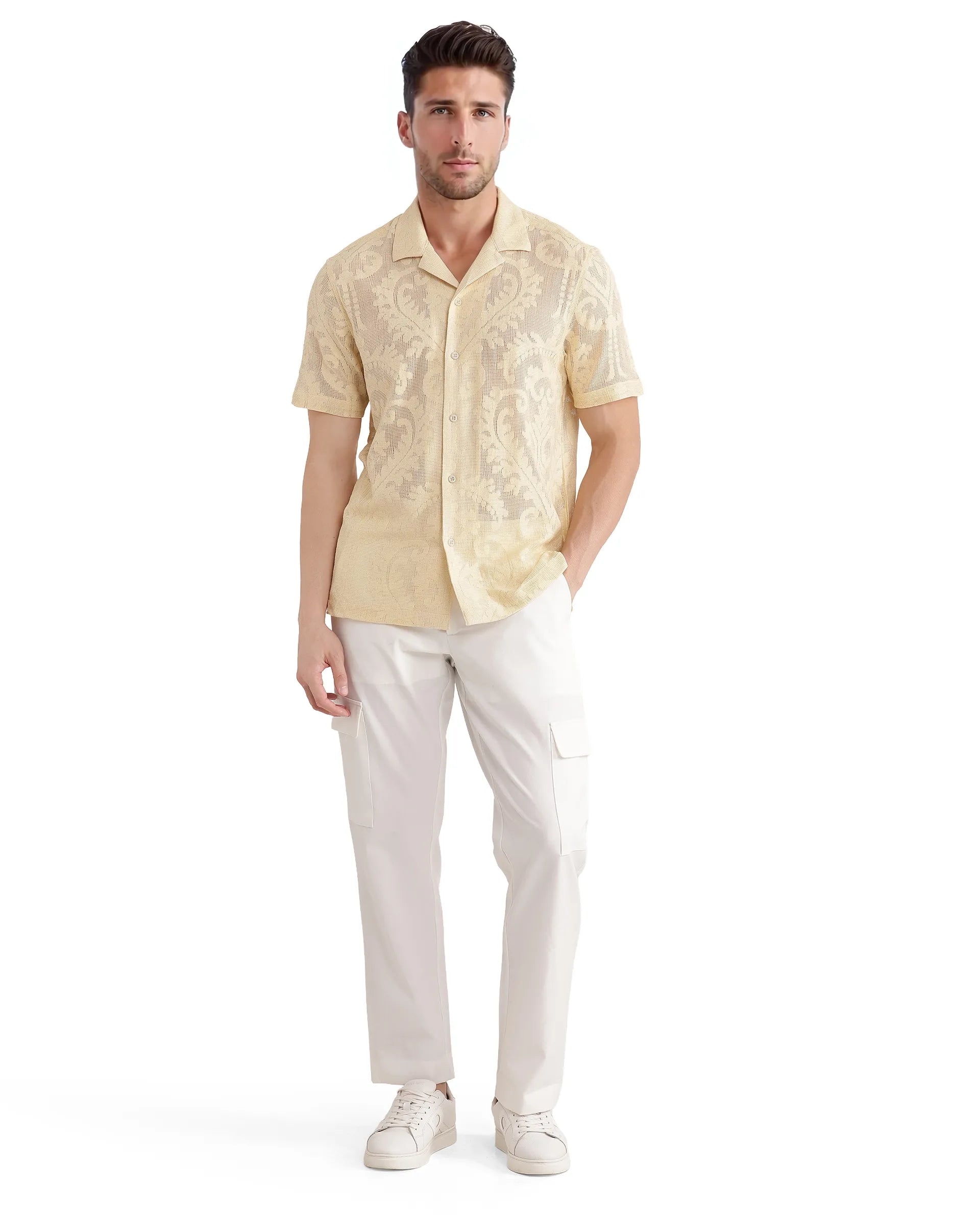 Rare Rabbit Men's Kiv Light Yellow Cotton Fabric Short Sleeve Cuban Collared Knitted Floral Sheer Shirt