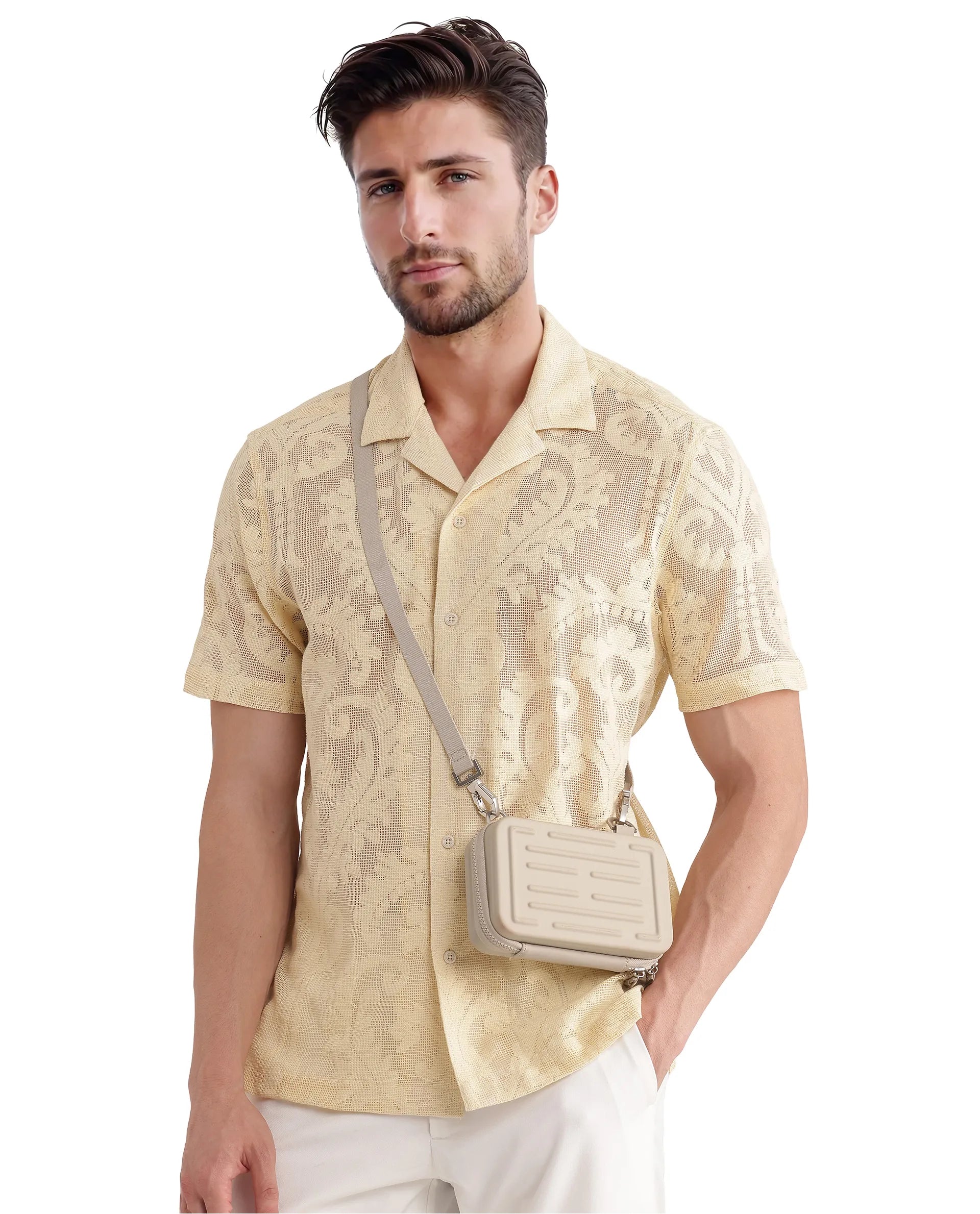 Rare Rabbit Men's Kiv Light Yellow Cotton Fabric Short Sleeve Cuban Collared Knitted Floral Sheer Shirt