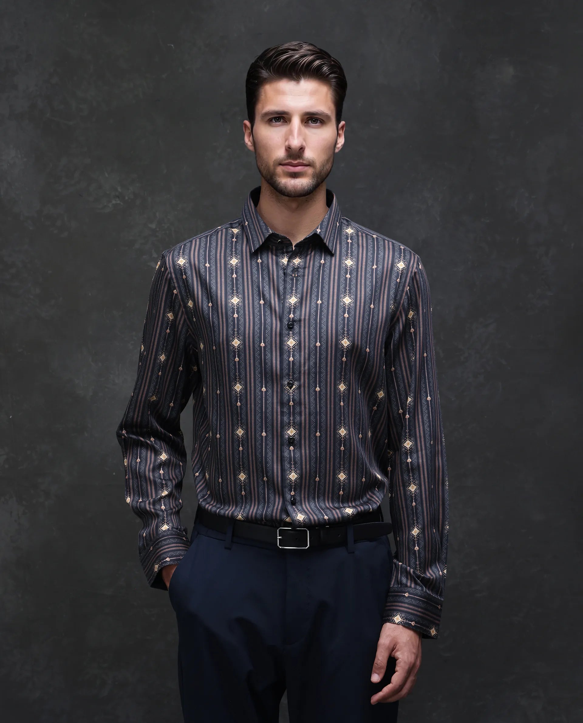 Rare Rabbit Men's Kivra Black Cotton Blend Geometric Print Regular Fit Full Sleeve Collared Shirt