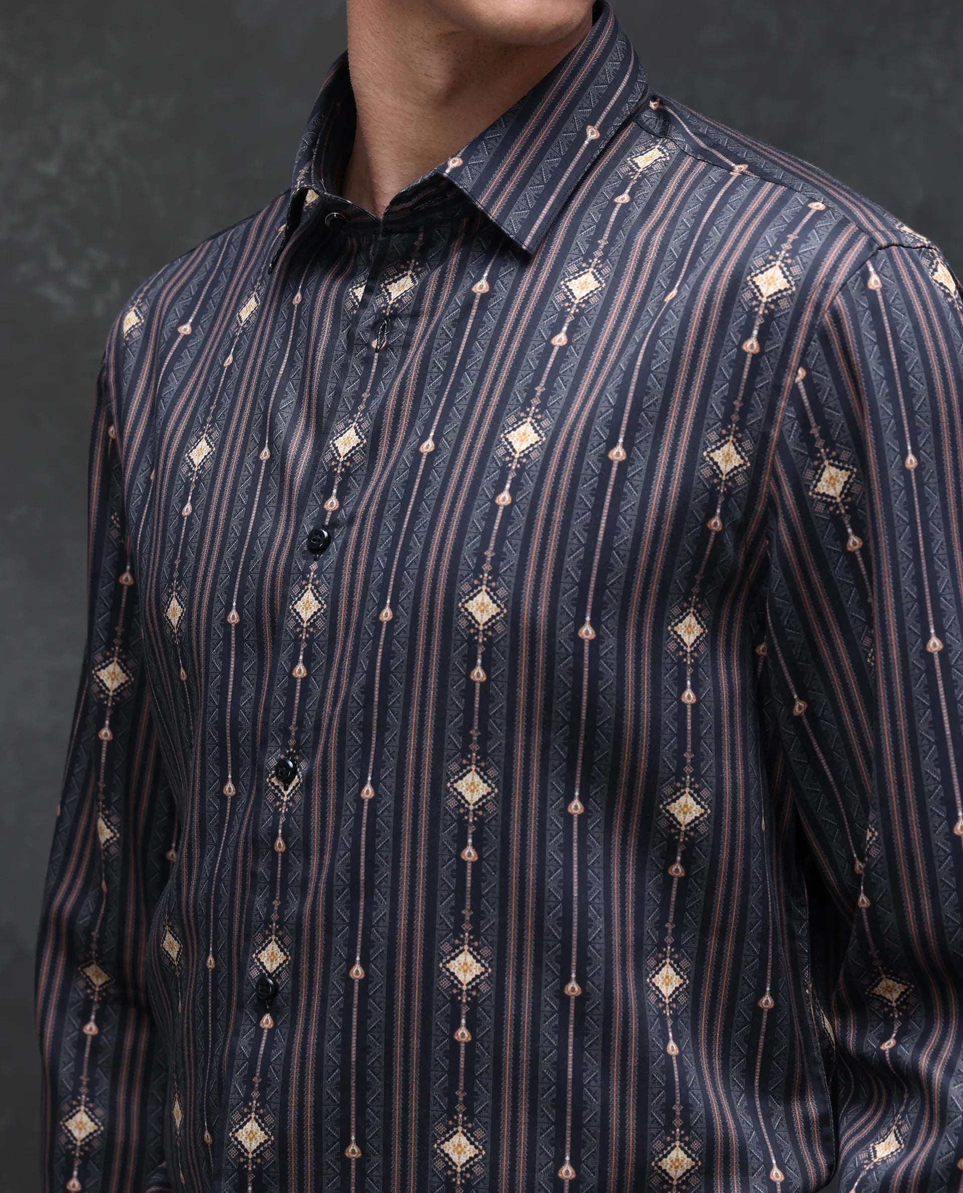 Rare Rabbit Men's Kivra Black Cotton Blend Geometric Print Regular Fit Full Sleeve Collared Shirt