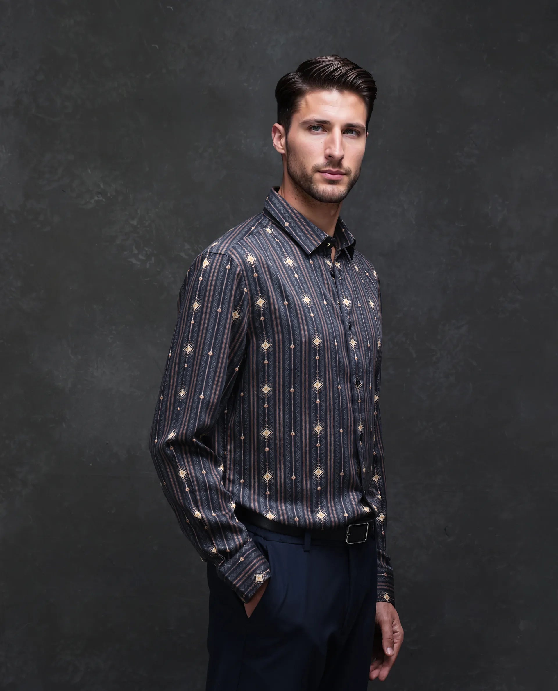 Rare Rabbit Men's Kivra Black Cotton Blend Geometric Print Regular Fit Full Sleeve Collared Shirt