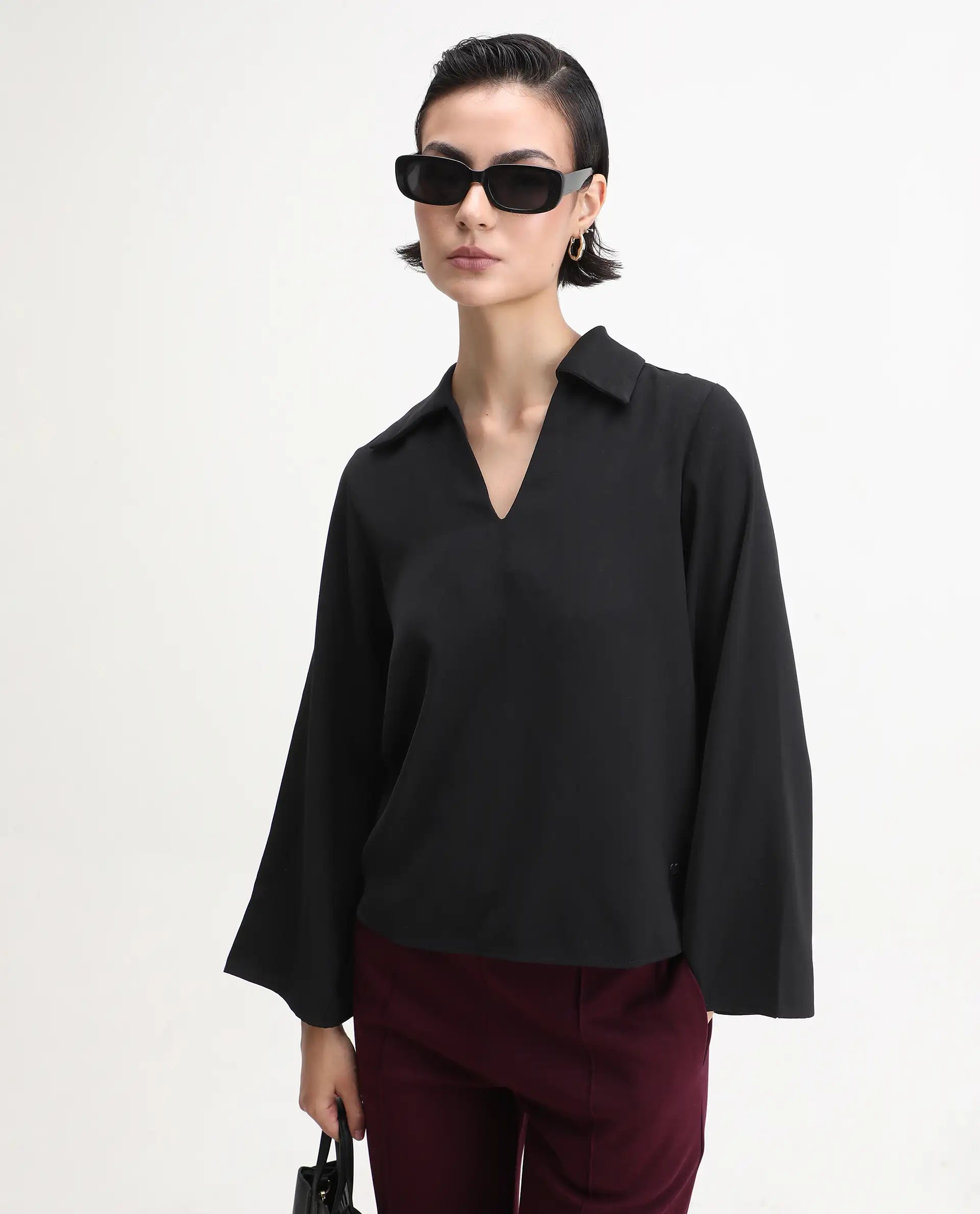 Rareism Women's Klamma Black Satin Johnny Collar Plain Regular Fit Top