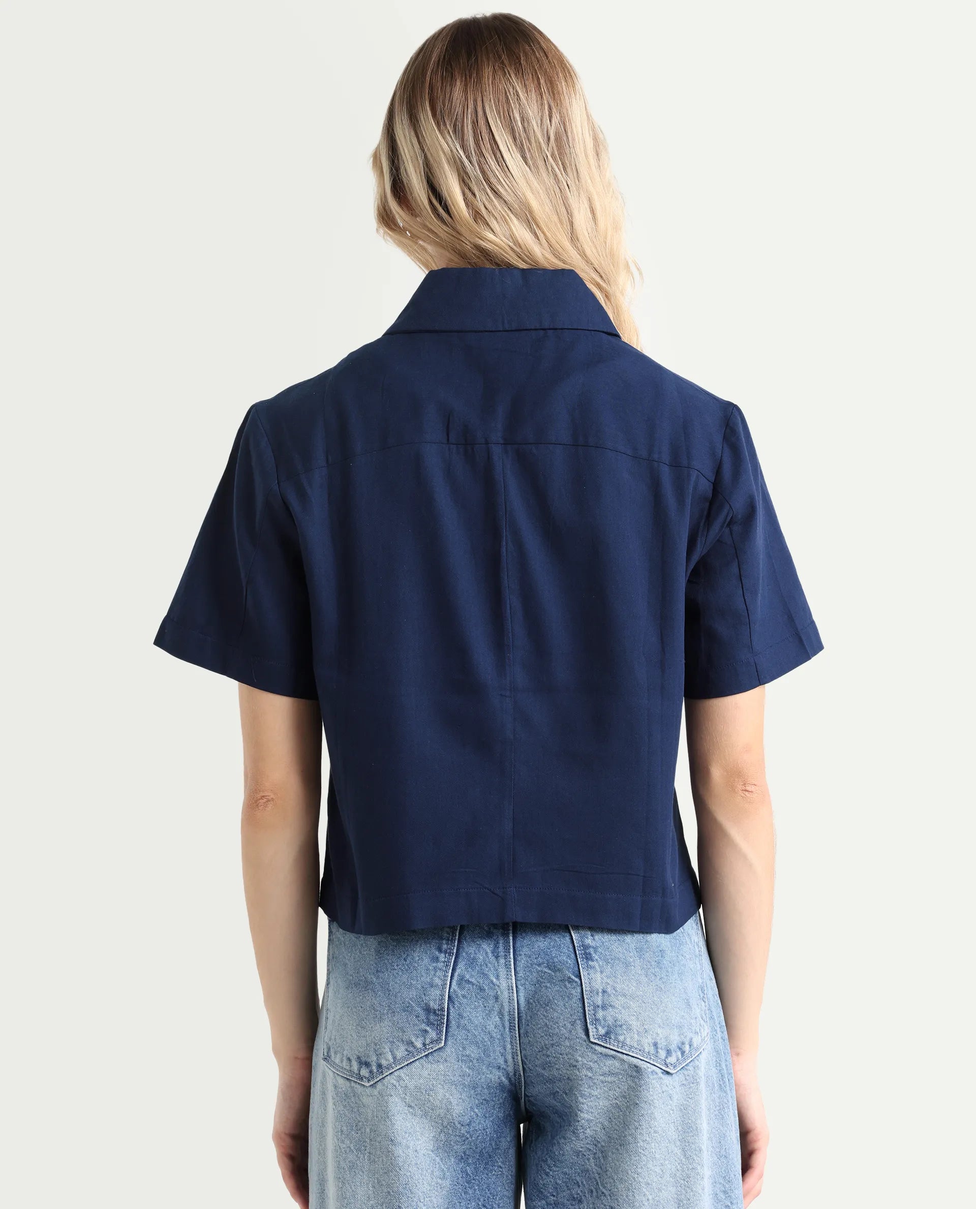 Rareism Women's Klappy Navy Viscose Blend Drop Collar Plain Crop Regular Fit Top
