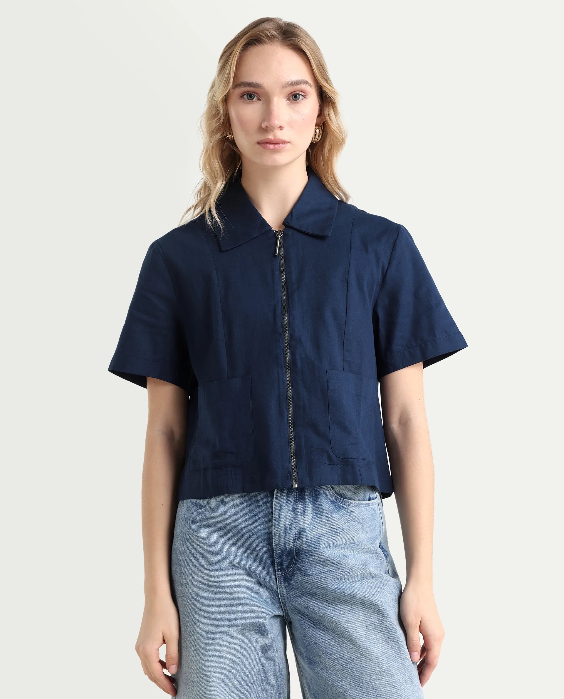 Rareism Women's Klappy Navy Viscose Blend Drop Collar Plain Crop Regular Fit Top