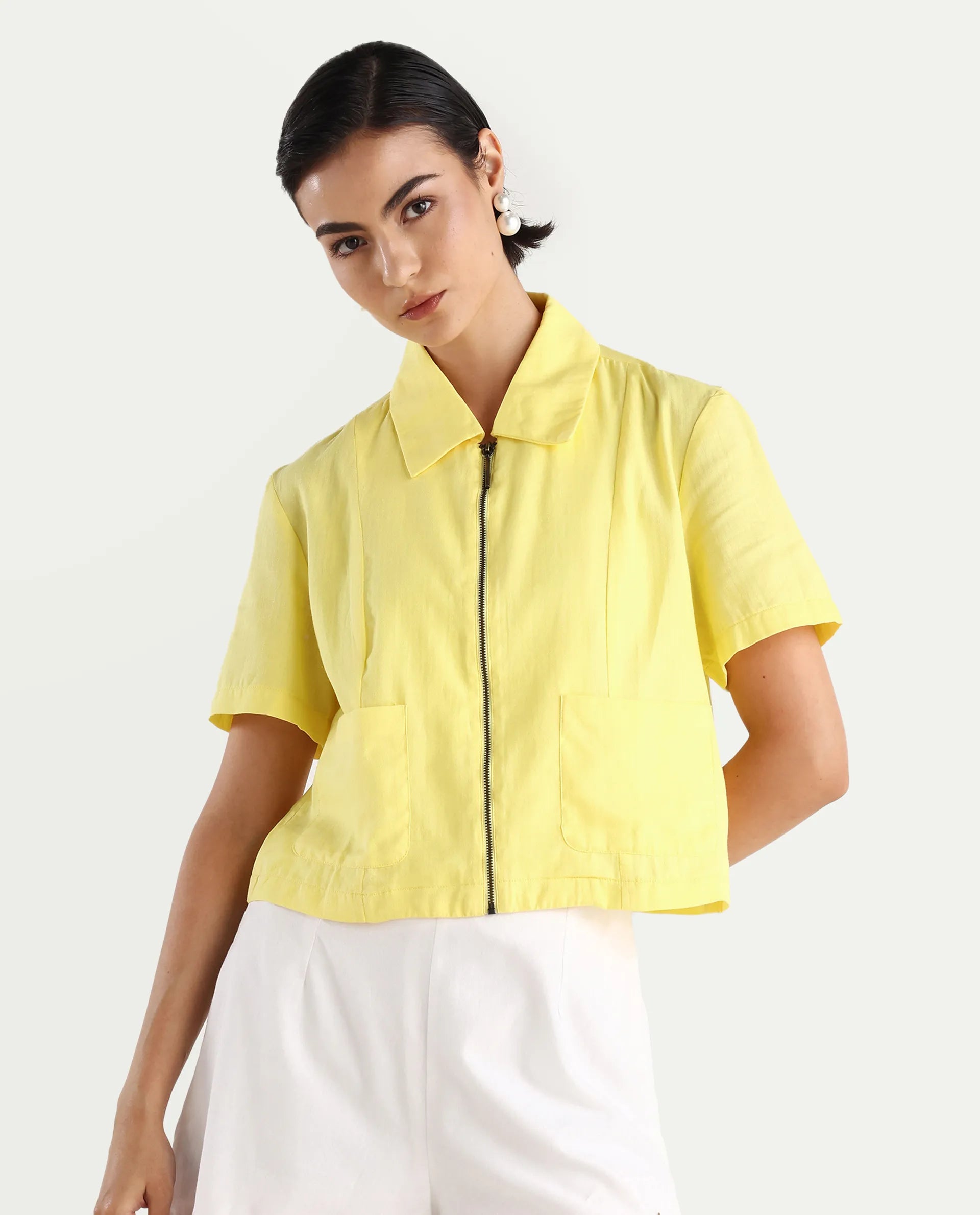 Rareism Women's Klappy Yellow Viscose Blend Drop Collar Plain Crop Regular Fit Top