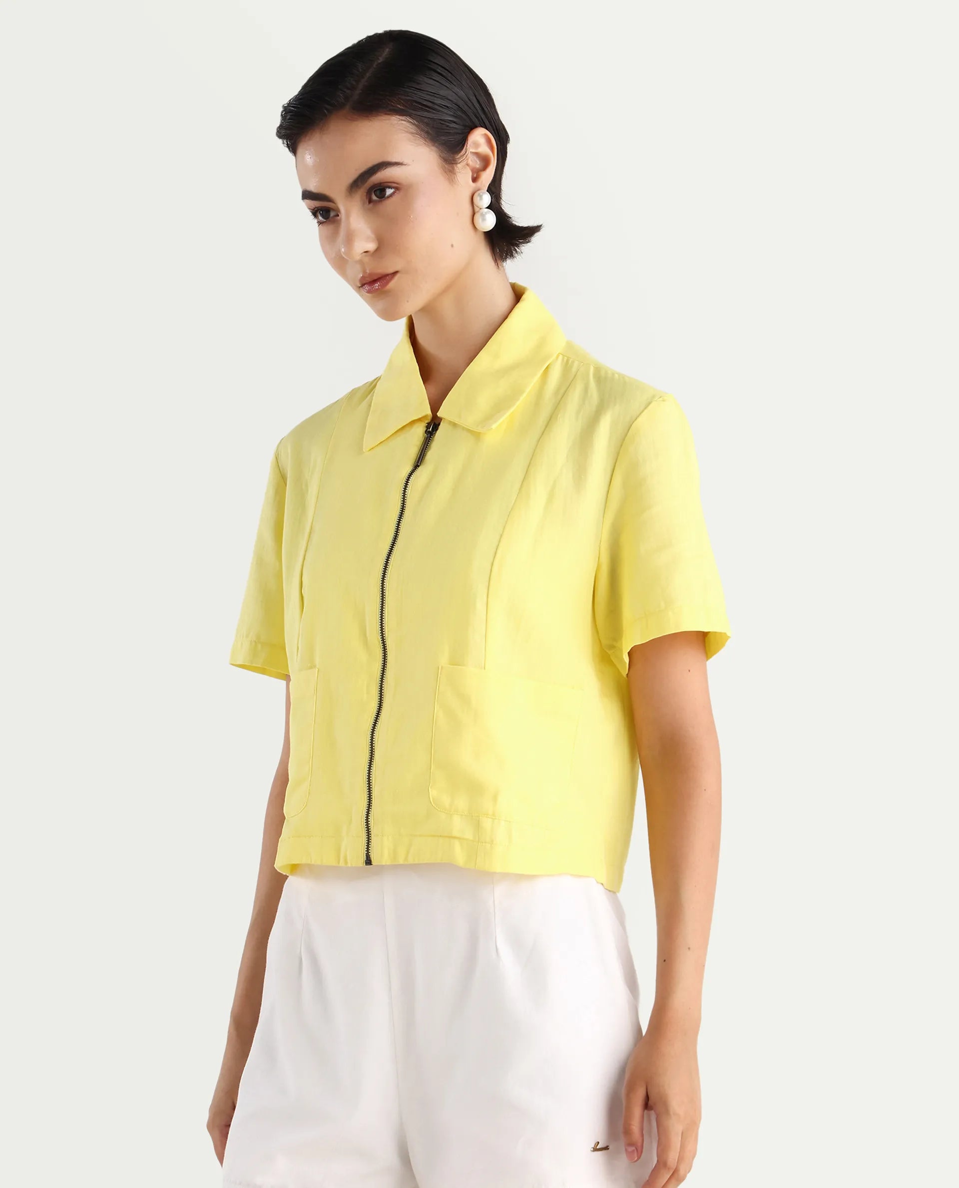 Rareism Women's Klappy Yellow Viscose Blend Drop Collar Plain Crop Regular Fit Top