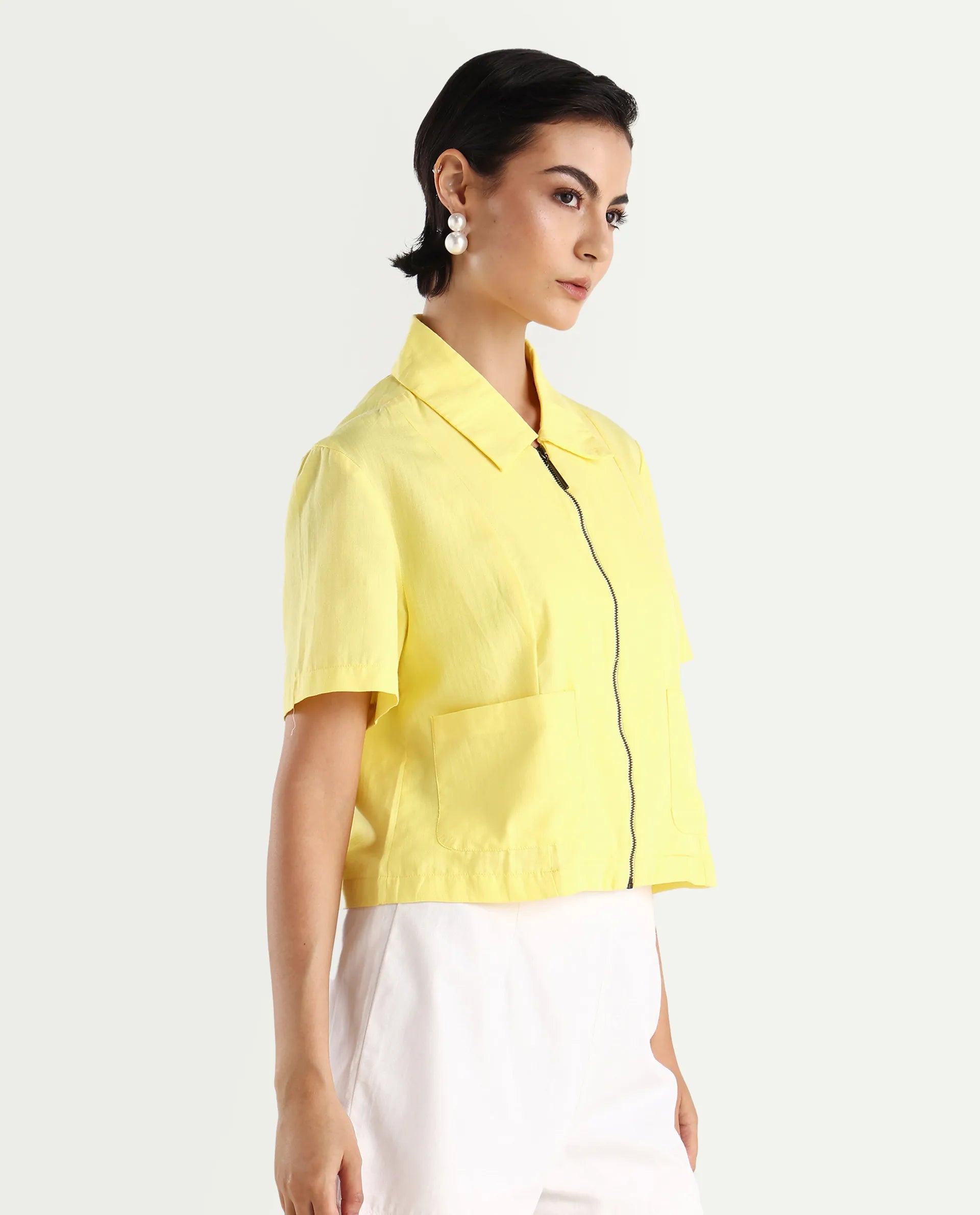 Rareism Women's Klappy Yellow Viscose Blend Drop Collar Plain Crop Regular Fit Top