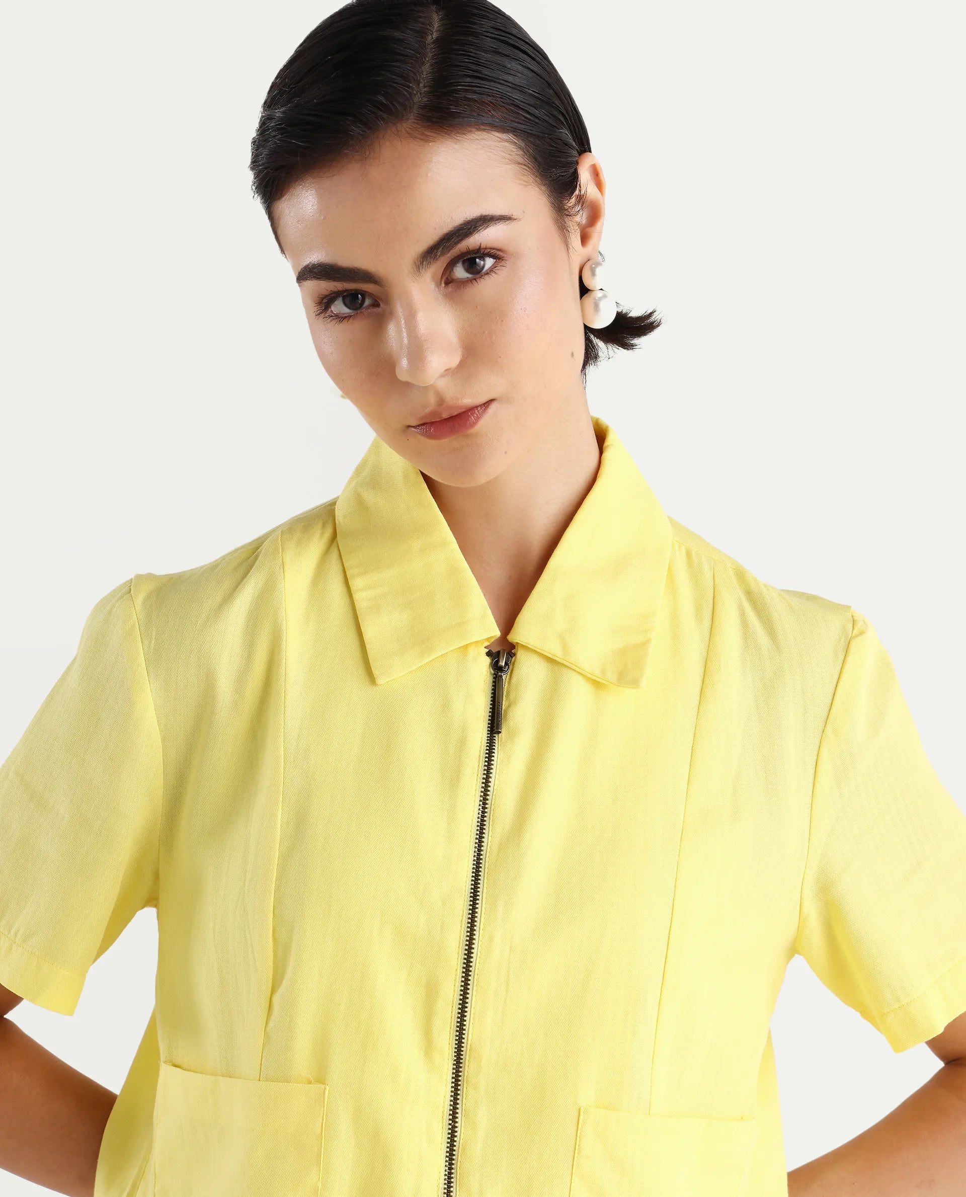 Rareism Women's Klappy Yellow Viscose Blend Drop Collar Plain Crop Regular Fit Top