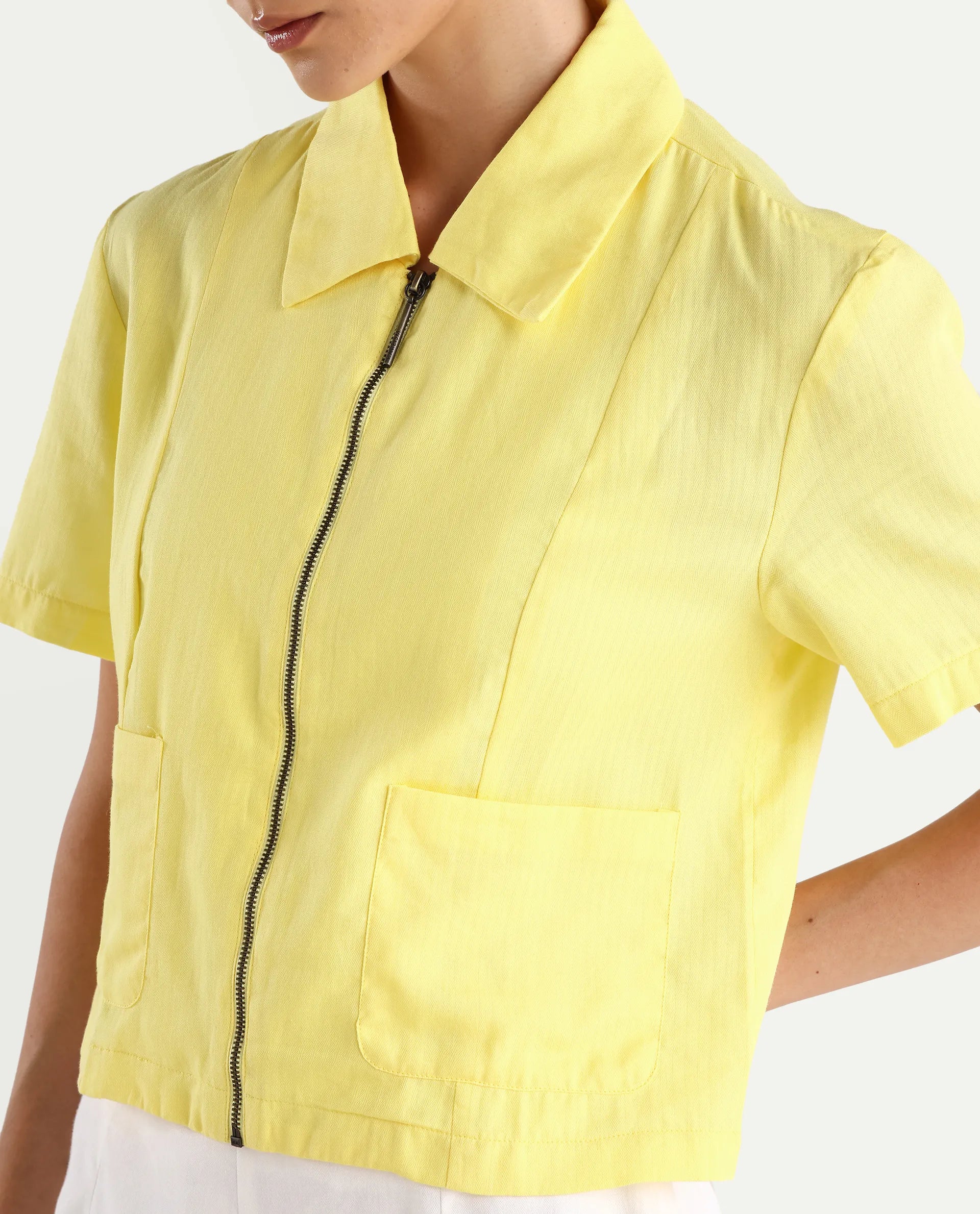 Rareism Women's Klappy Yellow Viscose Blend Drop Collar Plain Crop Regular Fit Top