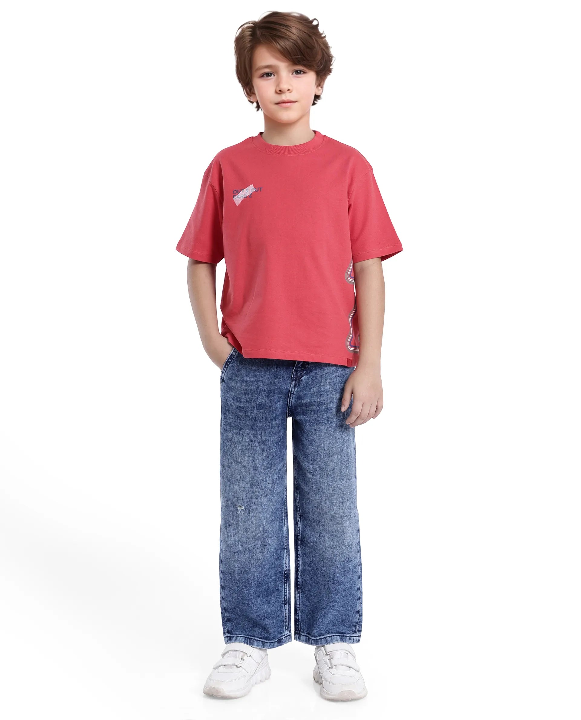 Rare Ones Kids Klas-K Red Cotton Half Sleeve Crew Neck Printed Boxy T-Shirt