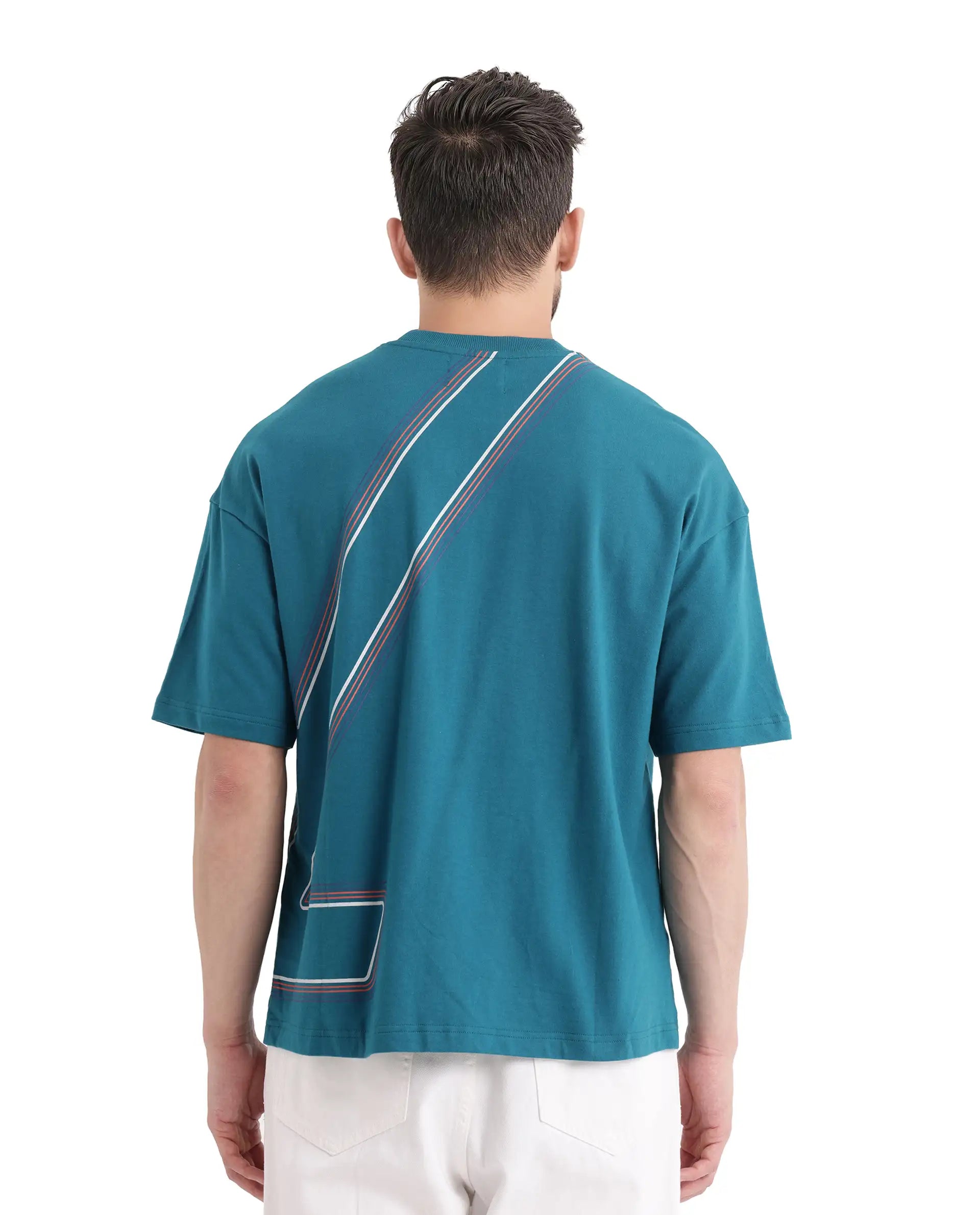 Rare Rabbit Men Klas Teal Cotton Fabric Short Sleeve Crew Neck Oversized Fit All Over Placement Backprint T-Shirt